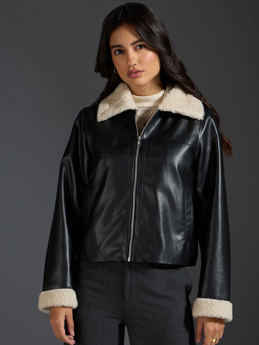 20dresses black spread collar long sleeves faux fur trim crop biker jacket
