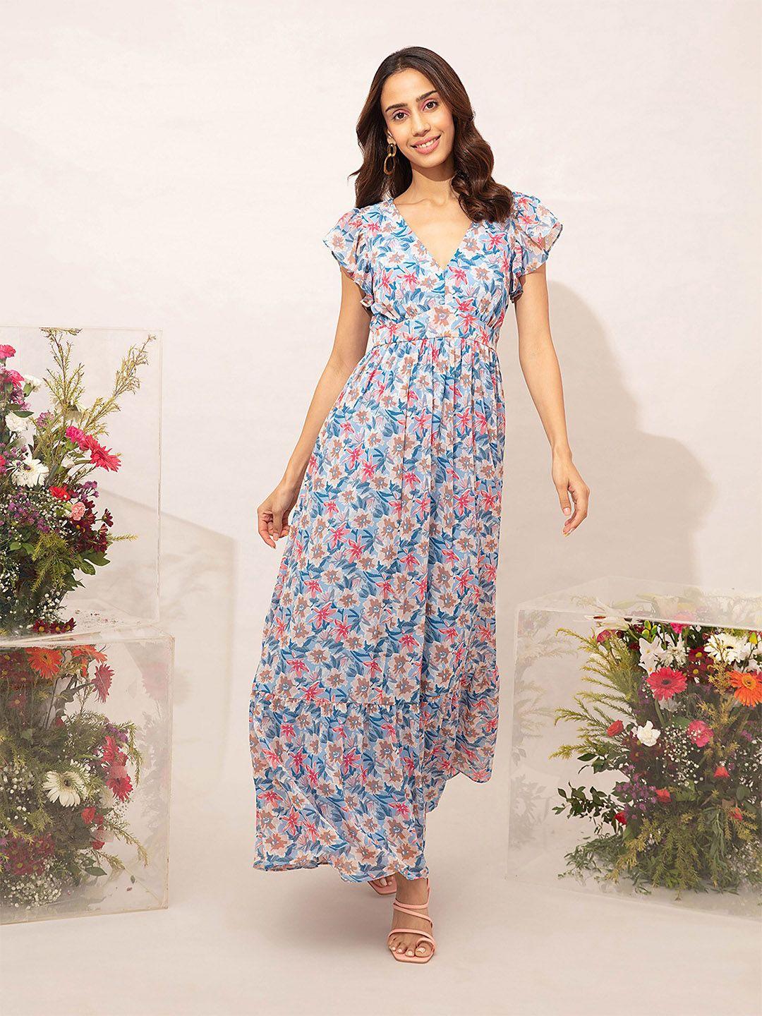 20dresses blue & white printed flared sleeves floral chiffon maxi dress