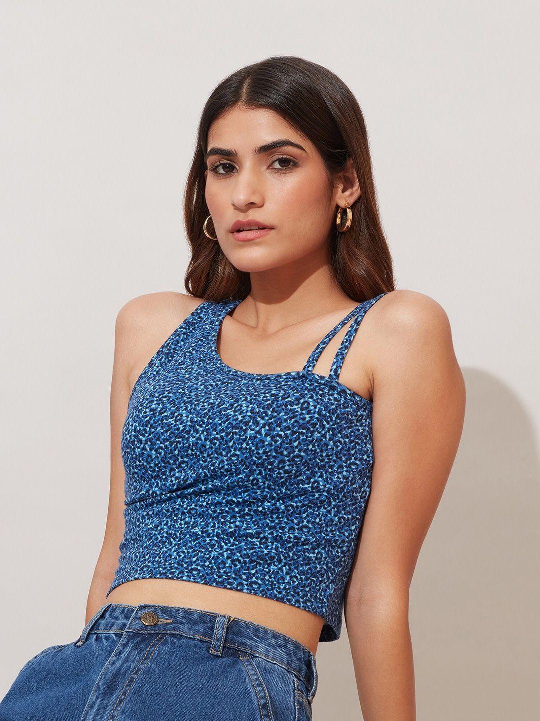 20dresses blue animal printed one shoulder crop top