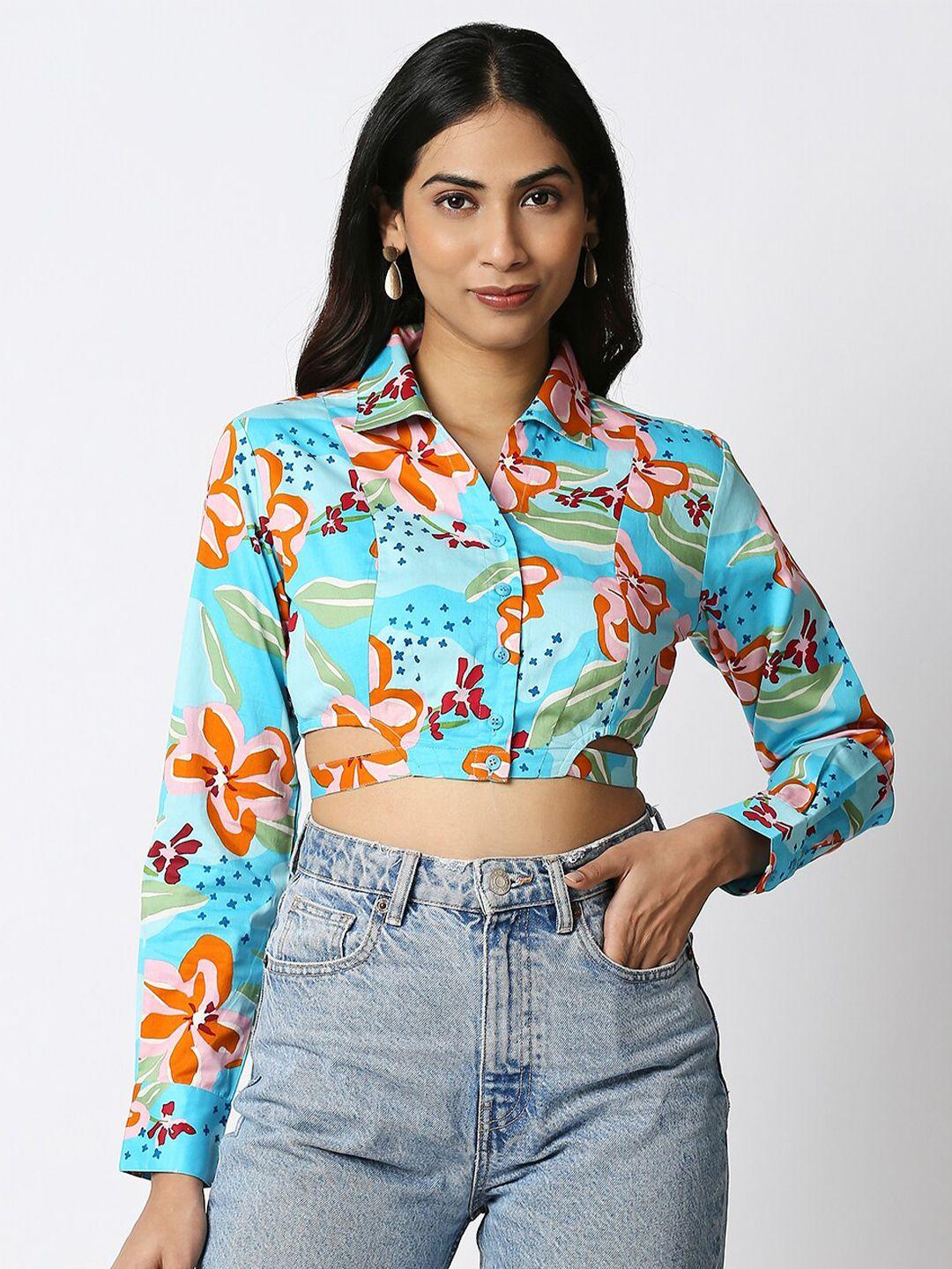 20dresses blue floral print shirt style crop top