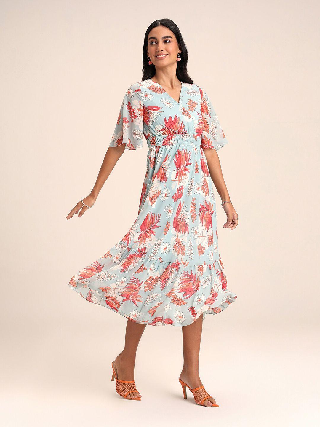 20dresses blue floral printed v-neck flared sleeve gathered tiered fit & flare midi dress