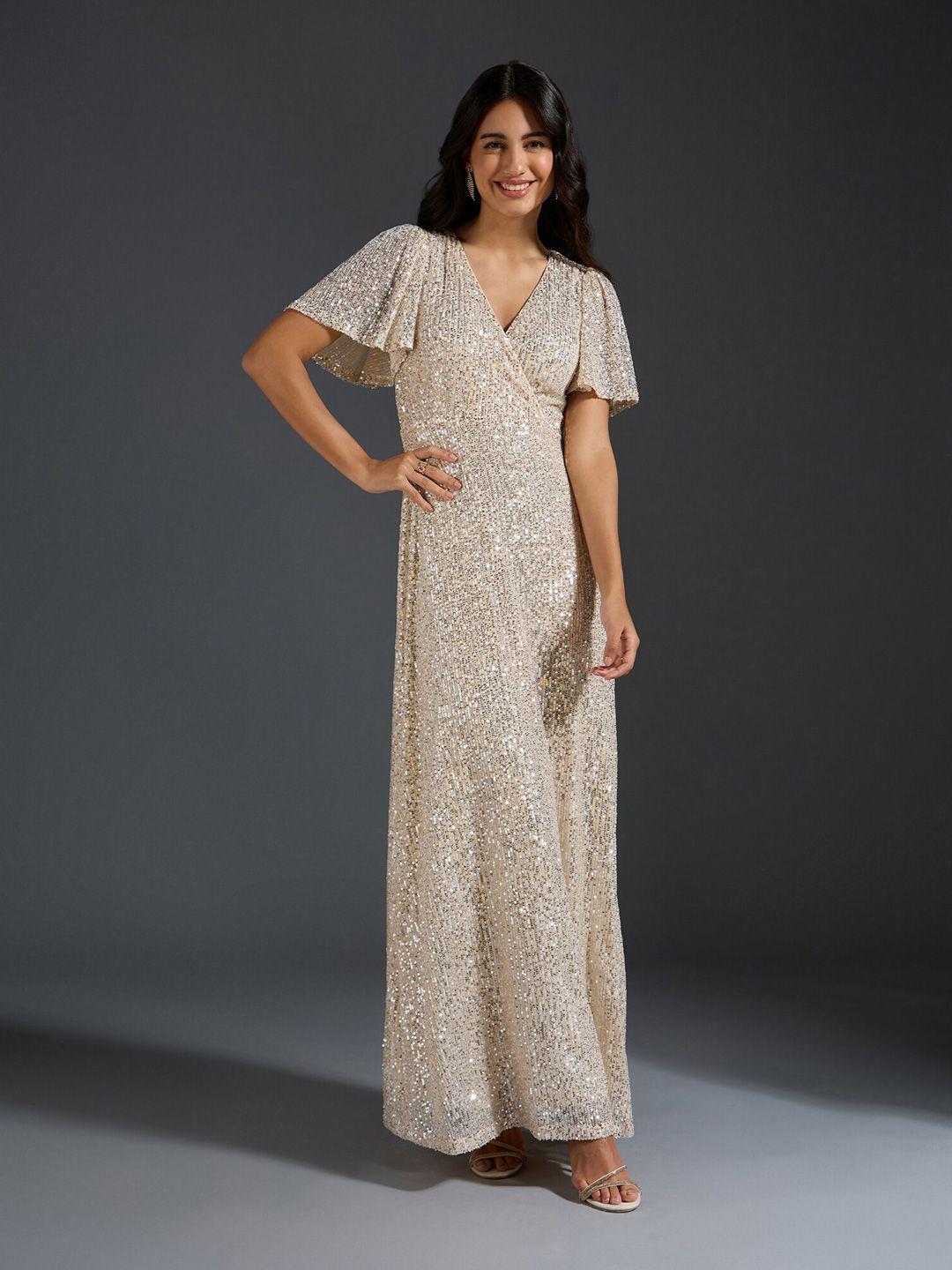 20dresses cream-coloured embellished v-neck flared sleeve sequinned maxi dress