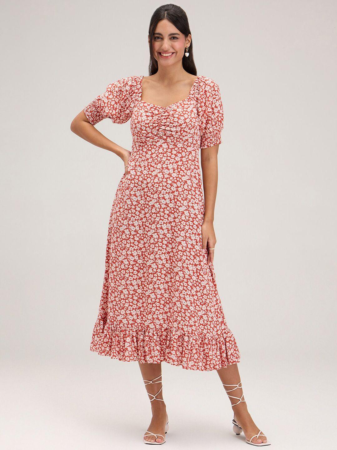 20dresses floral printed puff sleeves flounced a-line midi dress