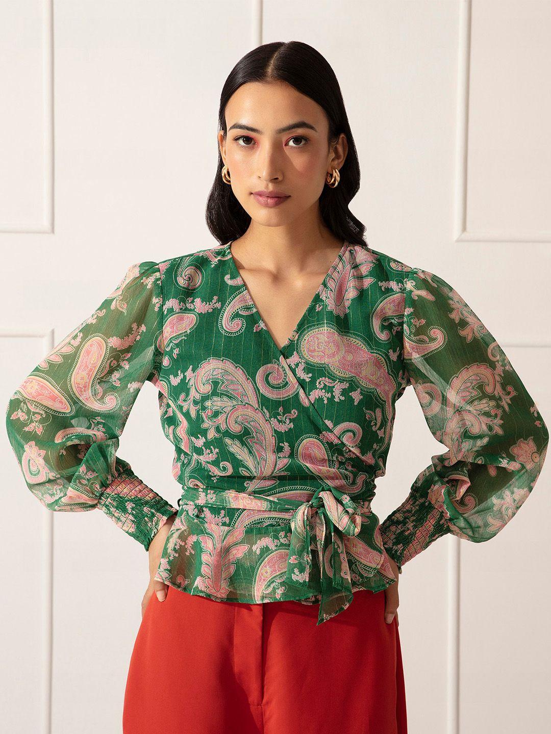 20dresses green ethnic motifs printed chiffon wrap top