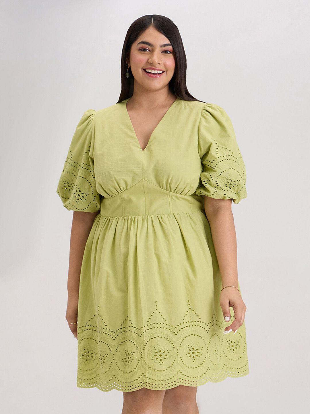 20dresses green self design puff sleeves cotton fit & flare dress