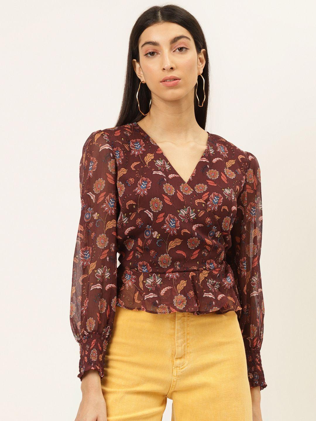 20dresses maroon floral printed puff sleeves chiffon wrap top
