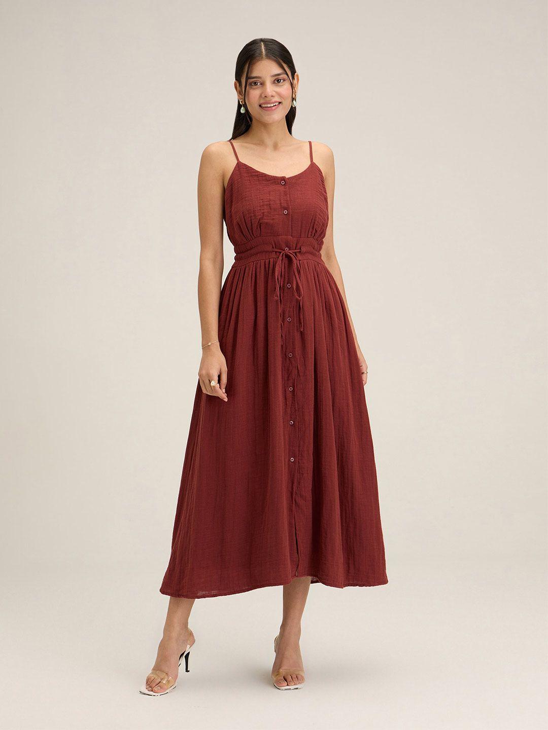 20dresses maroon shoulder straps pure cotton fit & flare midi dress