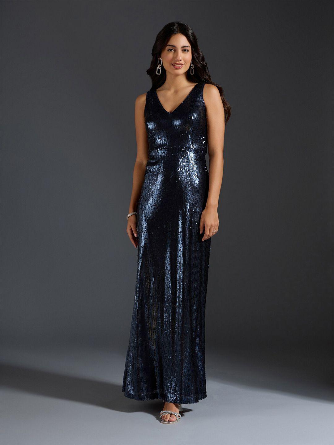 20dresses navy blue embellished v-neck sleeveless sequinned maxi dress