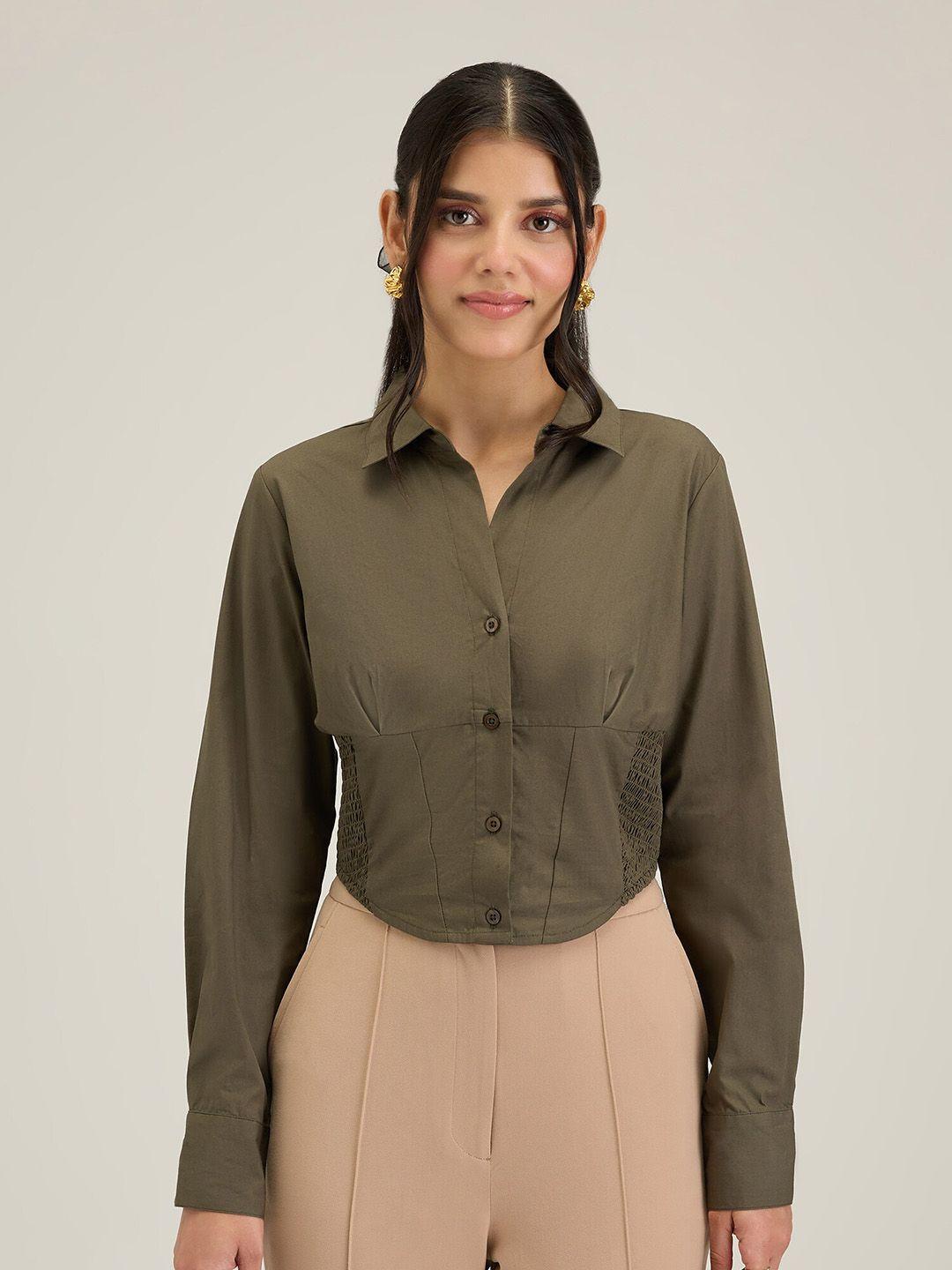 20dresses olive green comfort spread collar pure cotton formal shirt