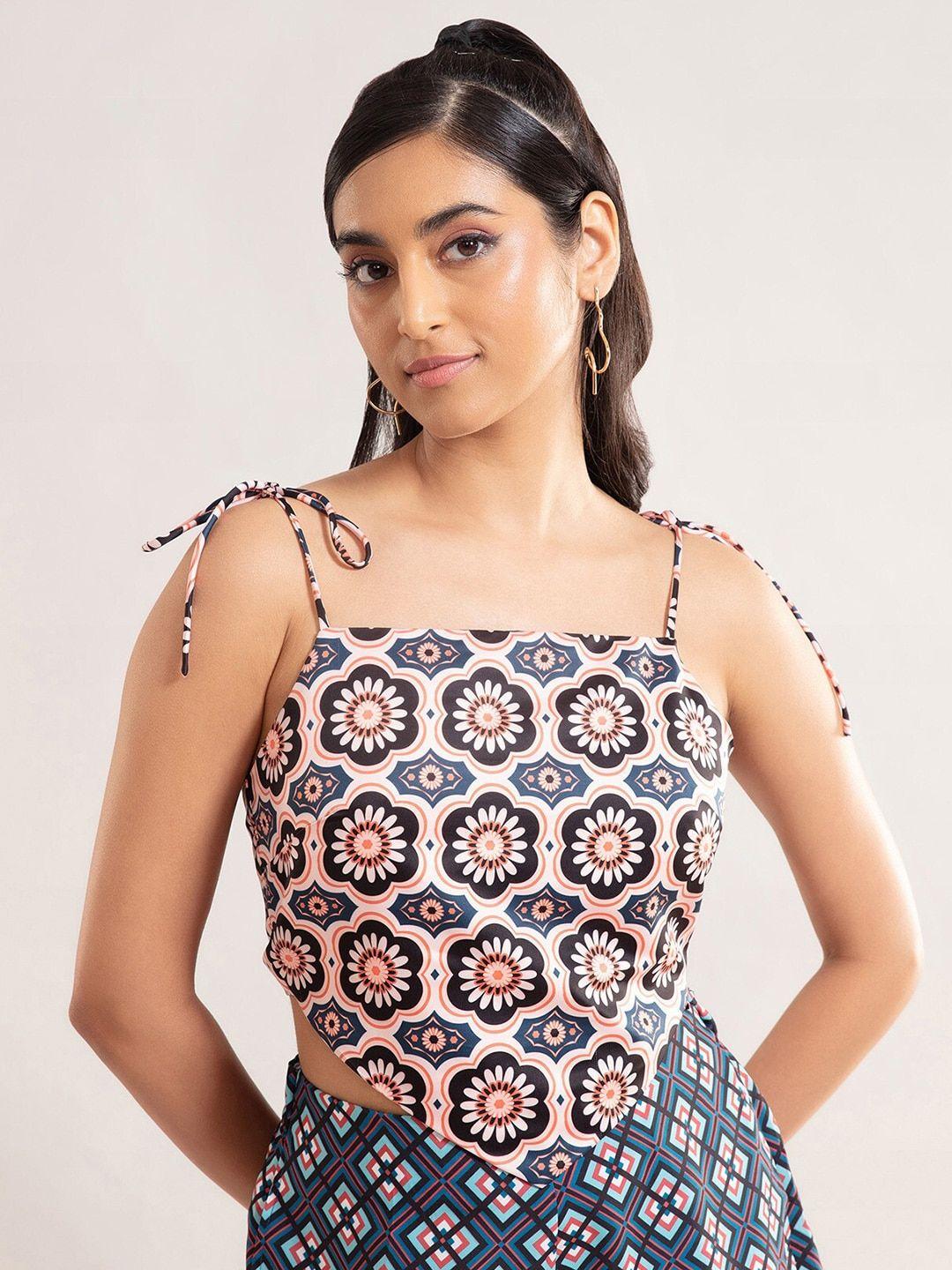 20dresses pink & blue ethnic motifs printed asymmetric crop top