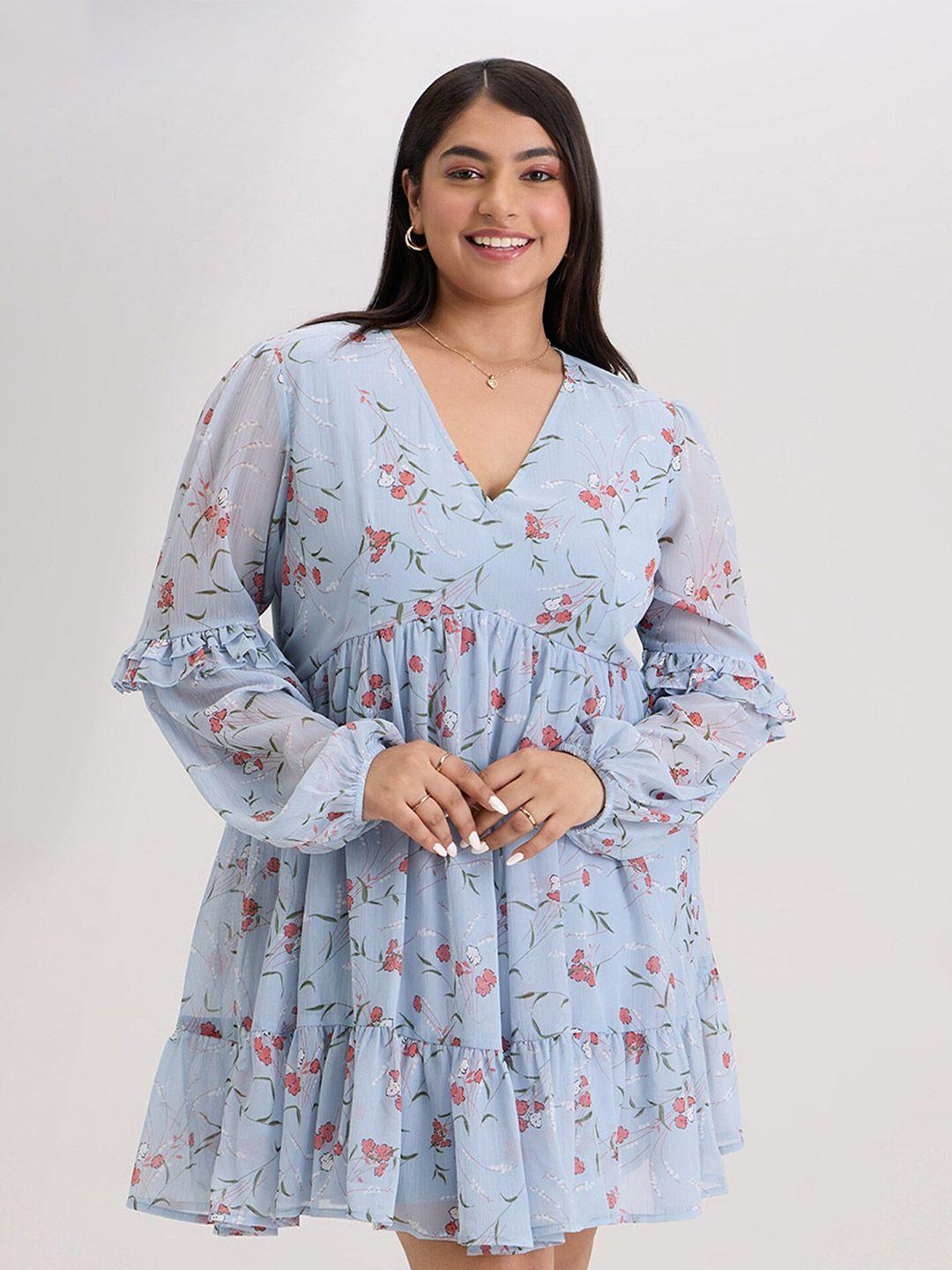 20dresses plus size blue floral printed puff sleeves tiered fit & flare dress