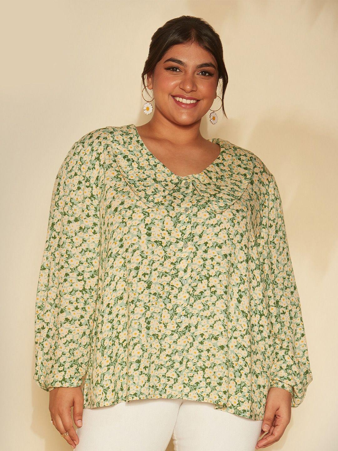 20dresses plus size green and white floral printed peter pan collar casual shirt