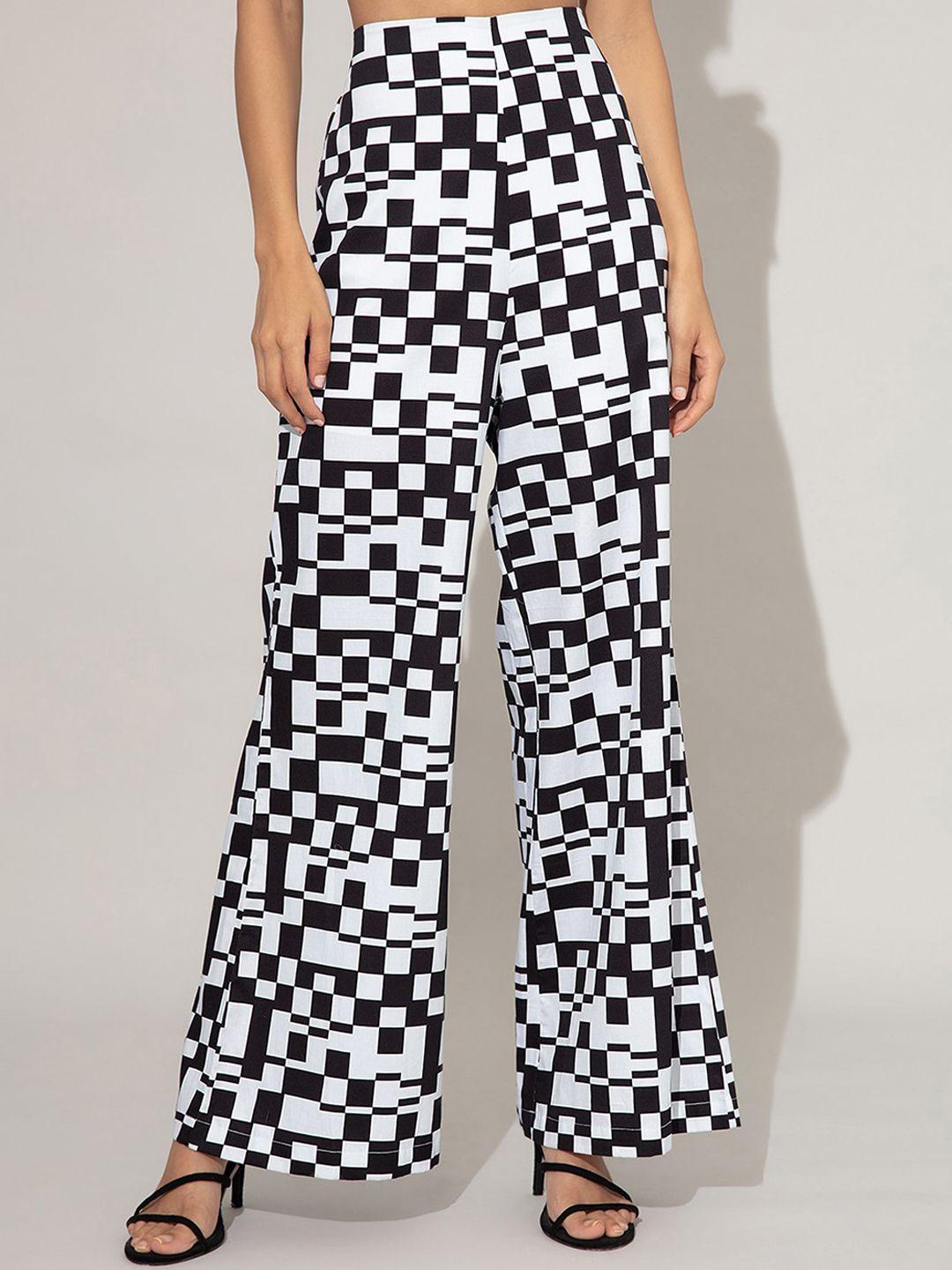 20dresses plus size women black & white printed flared high-rise trousers