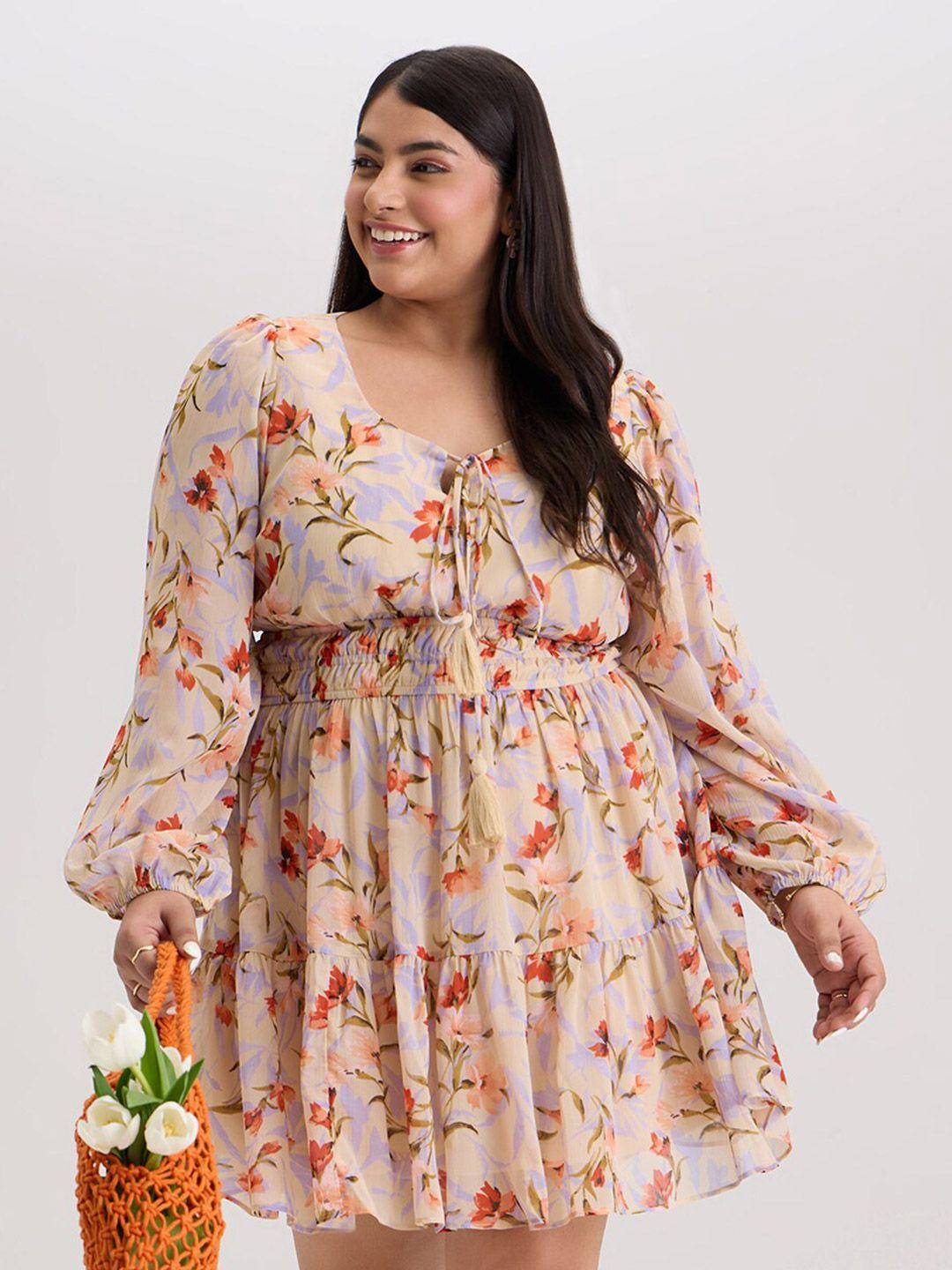 20dresses plus size yellow floral printed puff sleeves blouson dress