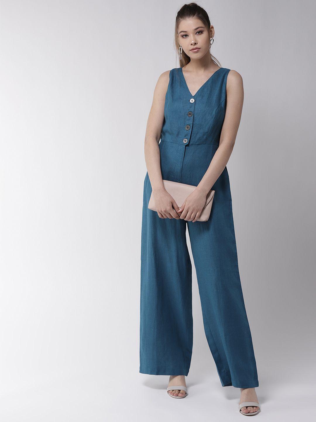 20dresses teal blue linen solid basic jumpsuit