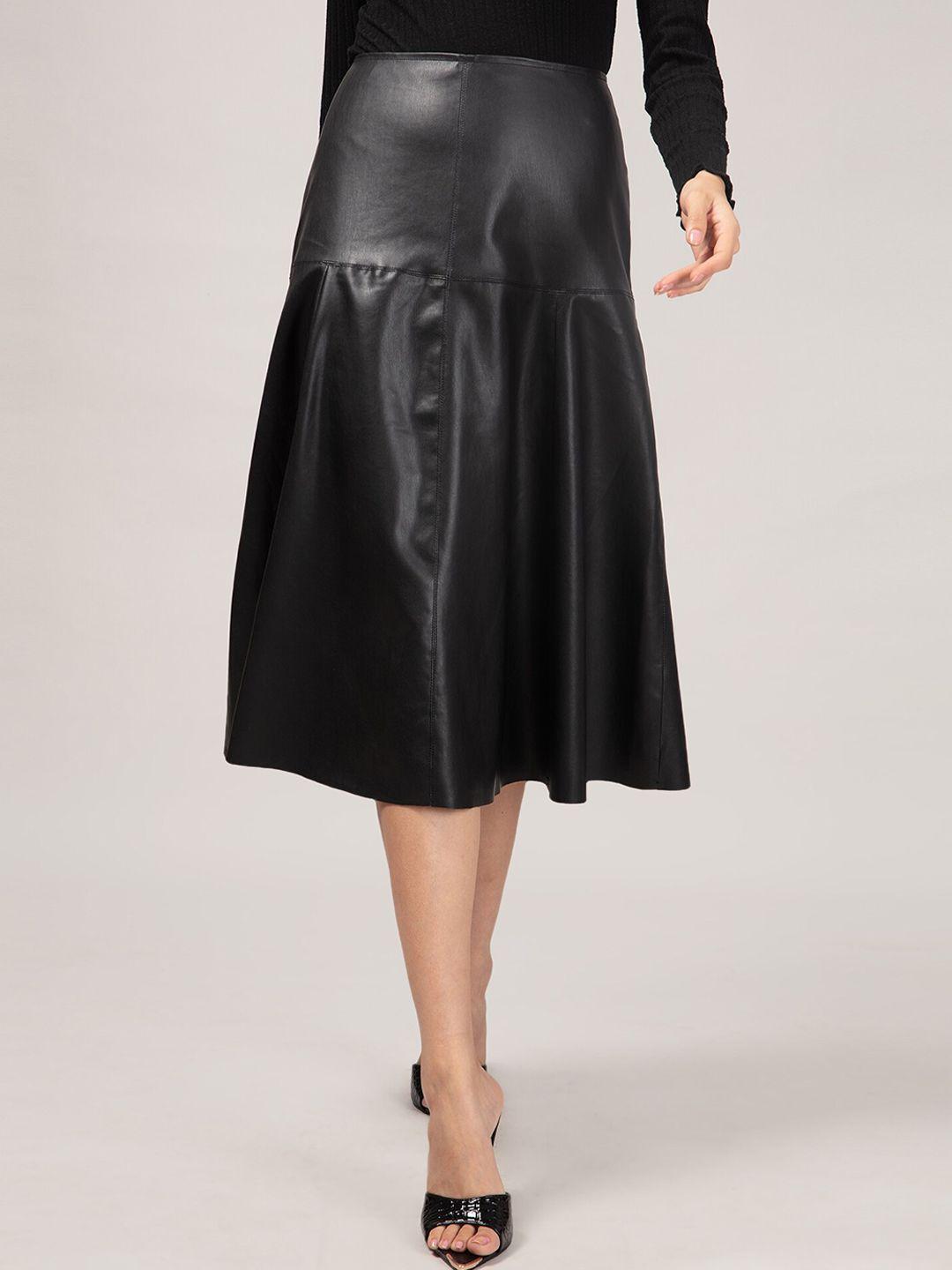 20dresses women black solid flare faux leather midi skirt