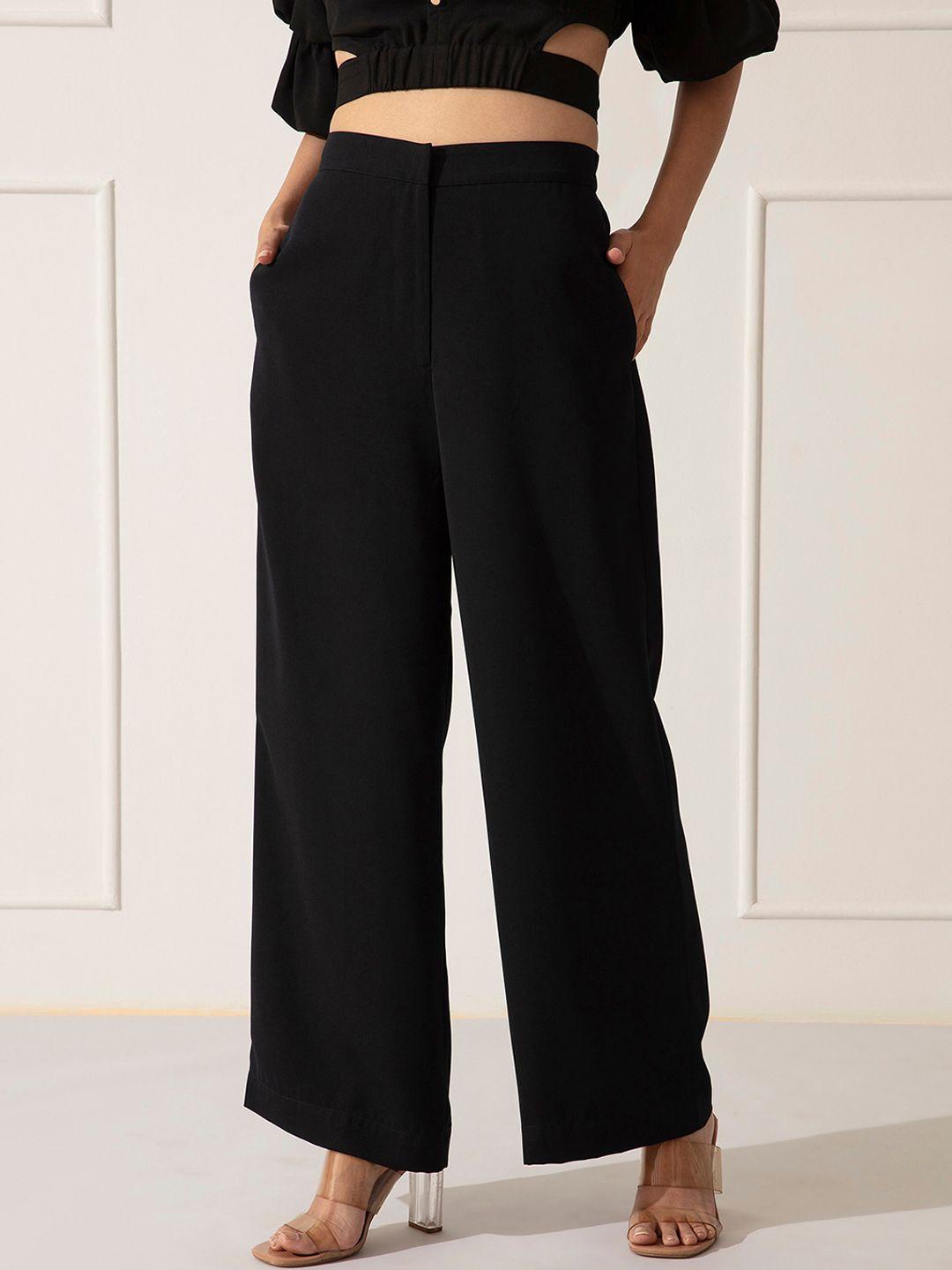 20dresses women black solid flared high-rise parallel trousers