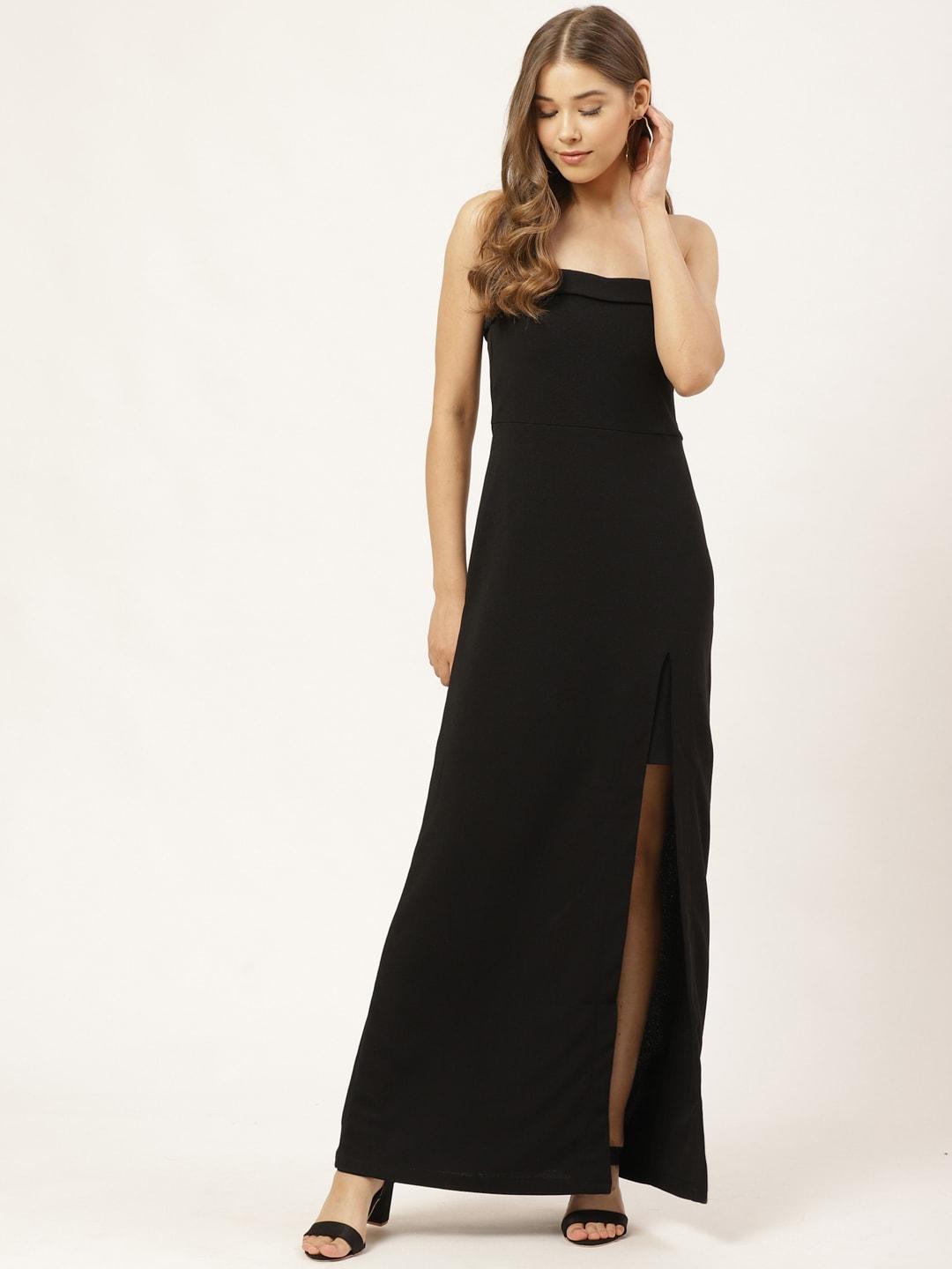 20dresses women black strapless thigh-high slit solid maxi dress