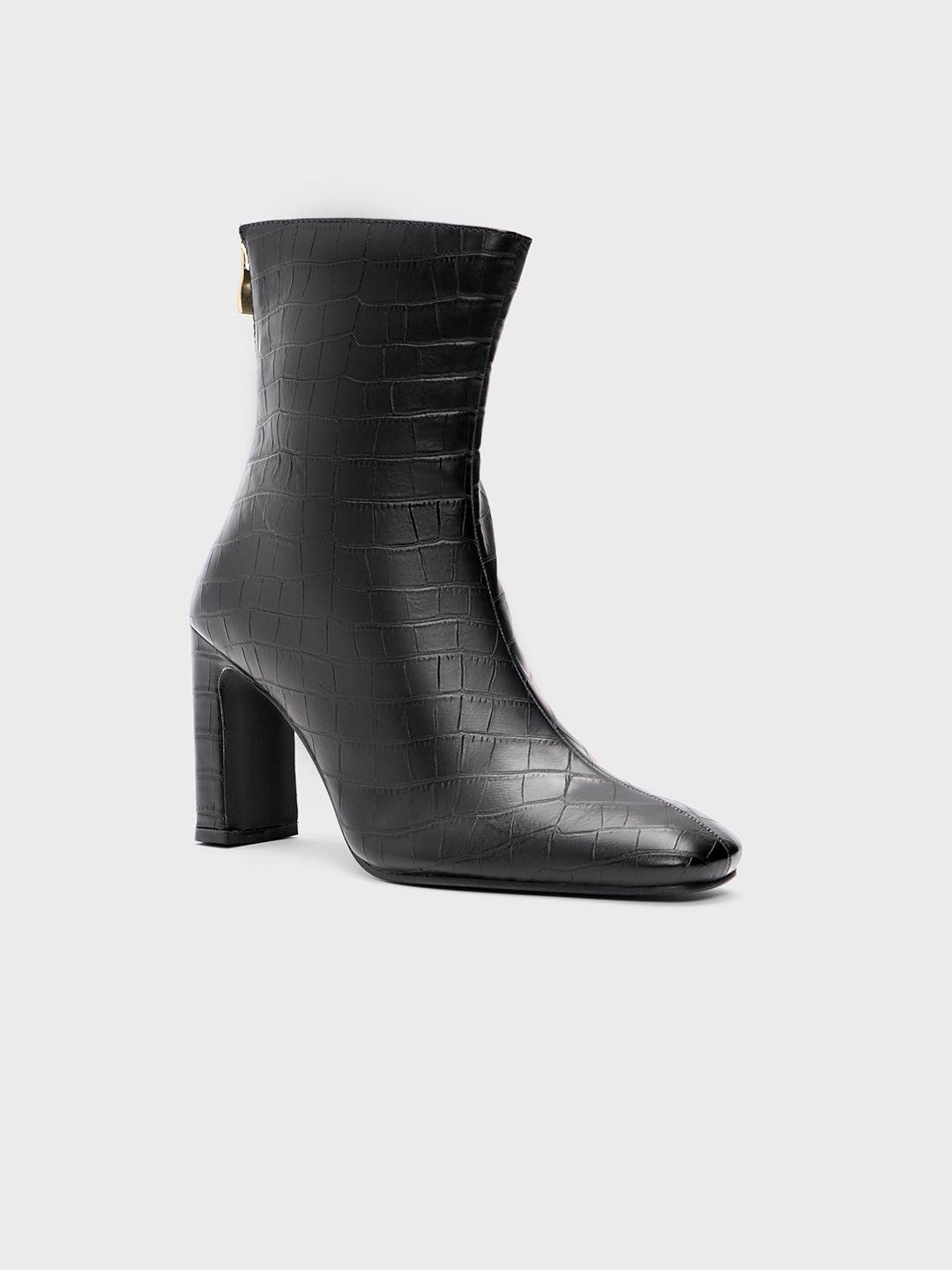 20dresses women black textured heeled mid-top regular boots