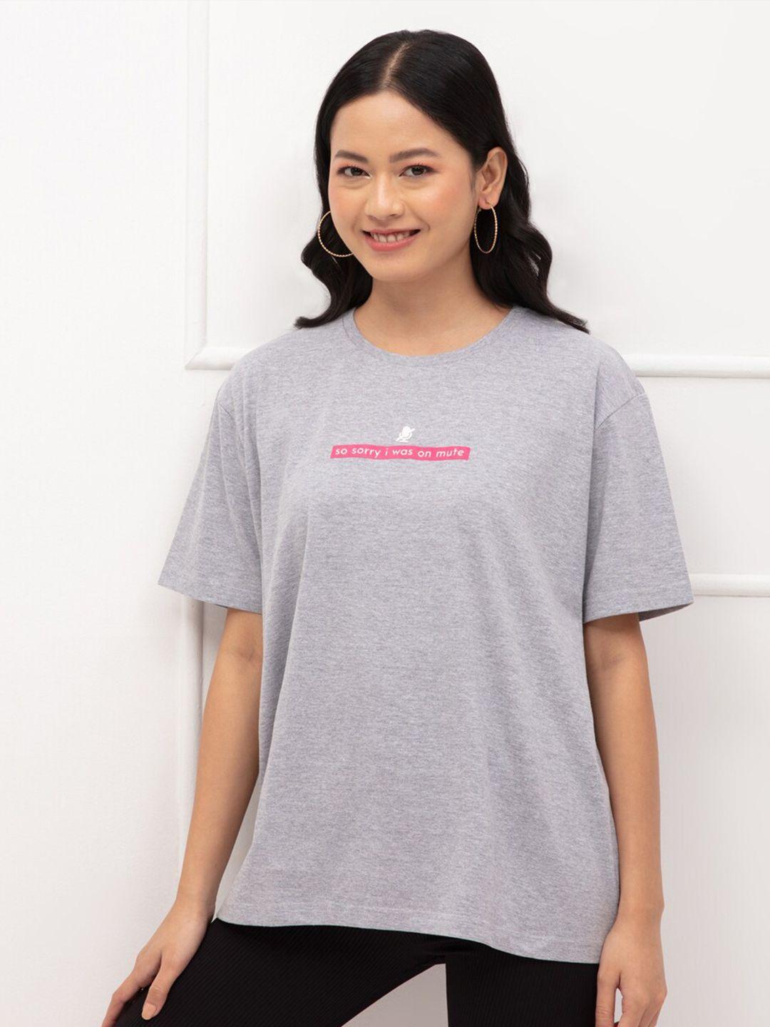 20dresses women grey typography printed drop-shoulder sleeves loose t-shirt