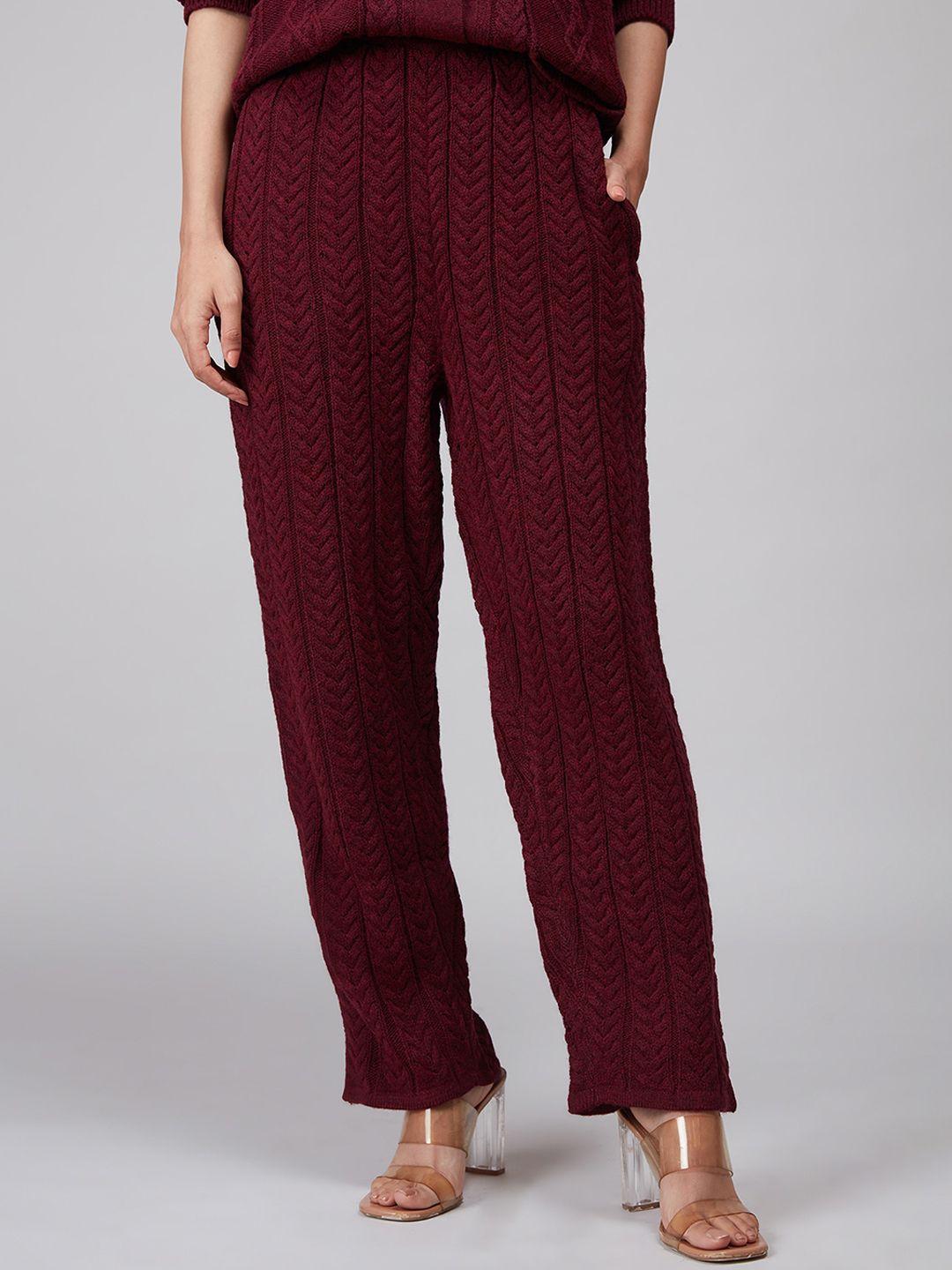 20dresses women maroon ribbed comfort straight fit trousers