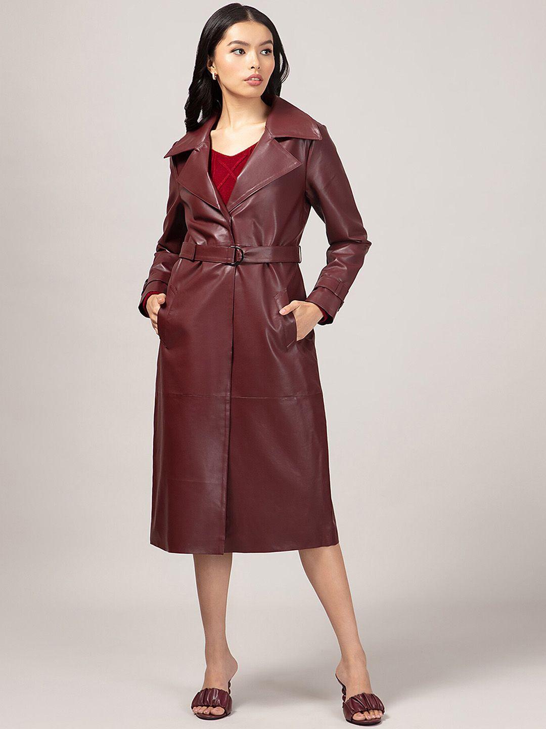 20dresses women maroon solid faux leather overcoats