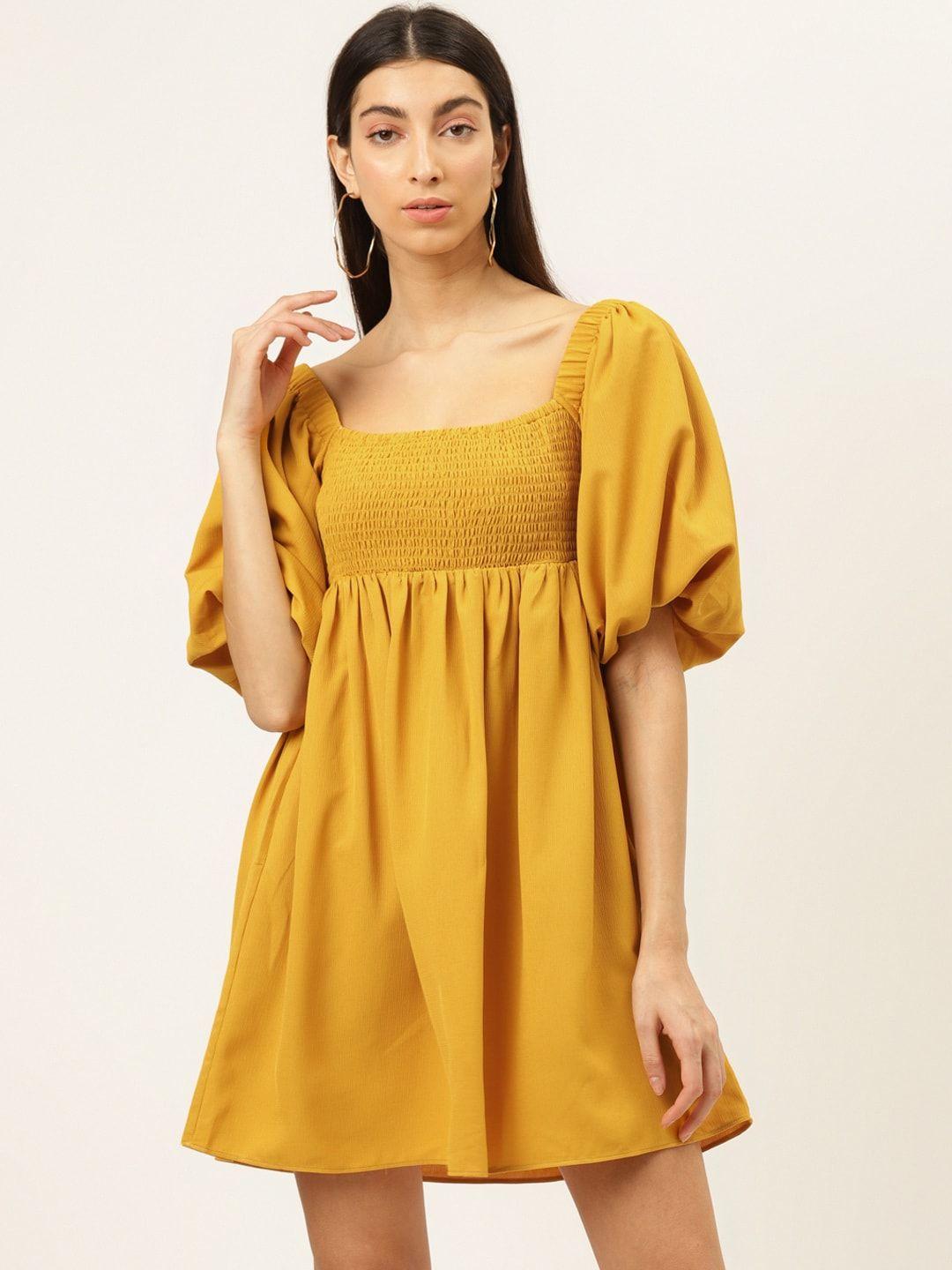 20dresses women mustard yellow smocked detail solid a-line dress