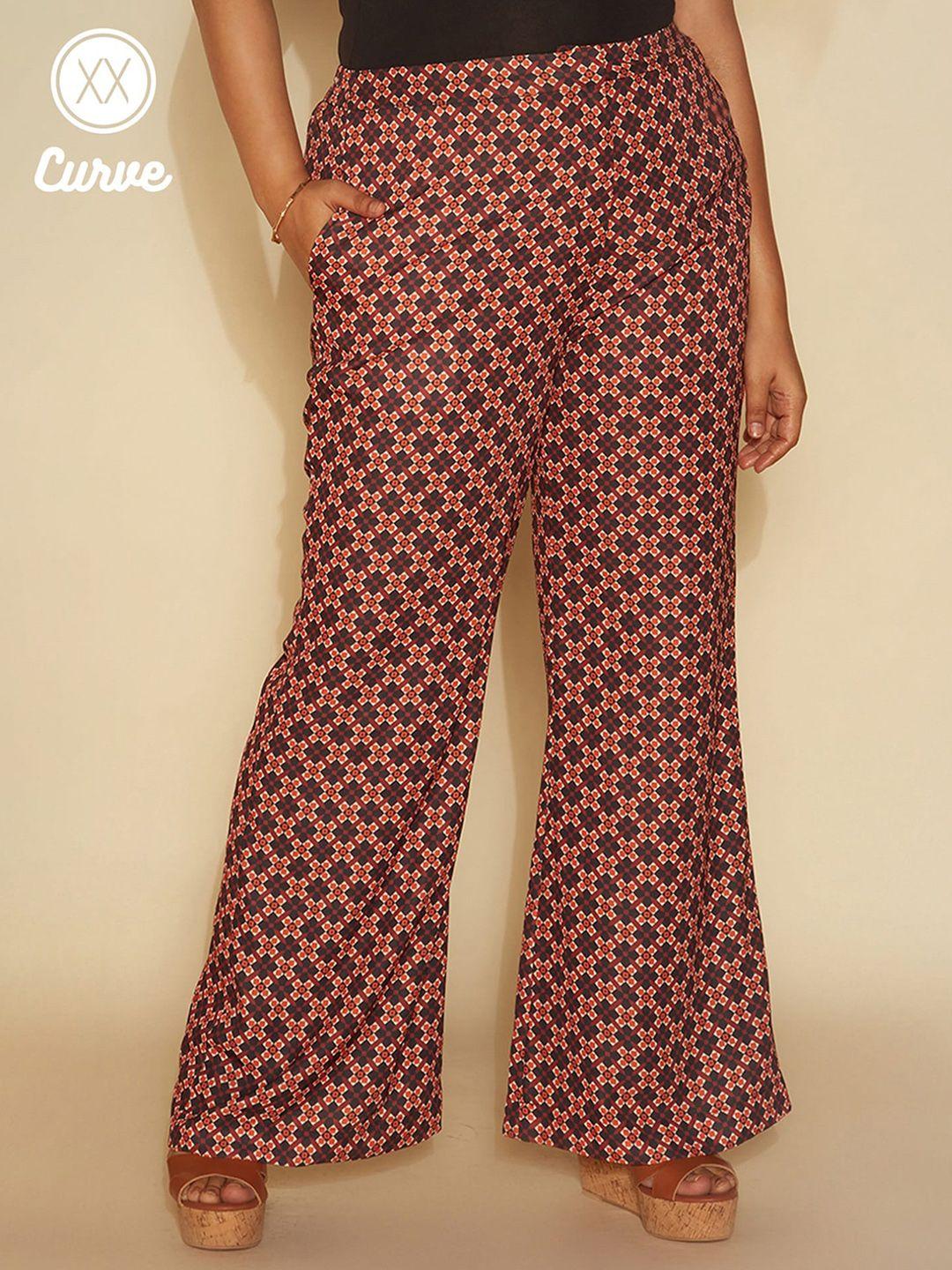 20dresses women plus size maroon & white geometric printed high-rise parallel trousers