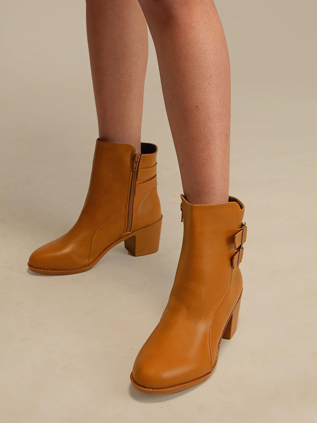 20dresses women tan solid mid-top blocked heels boots
