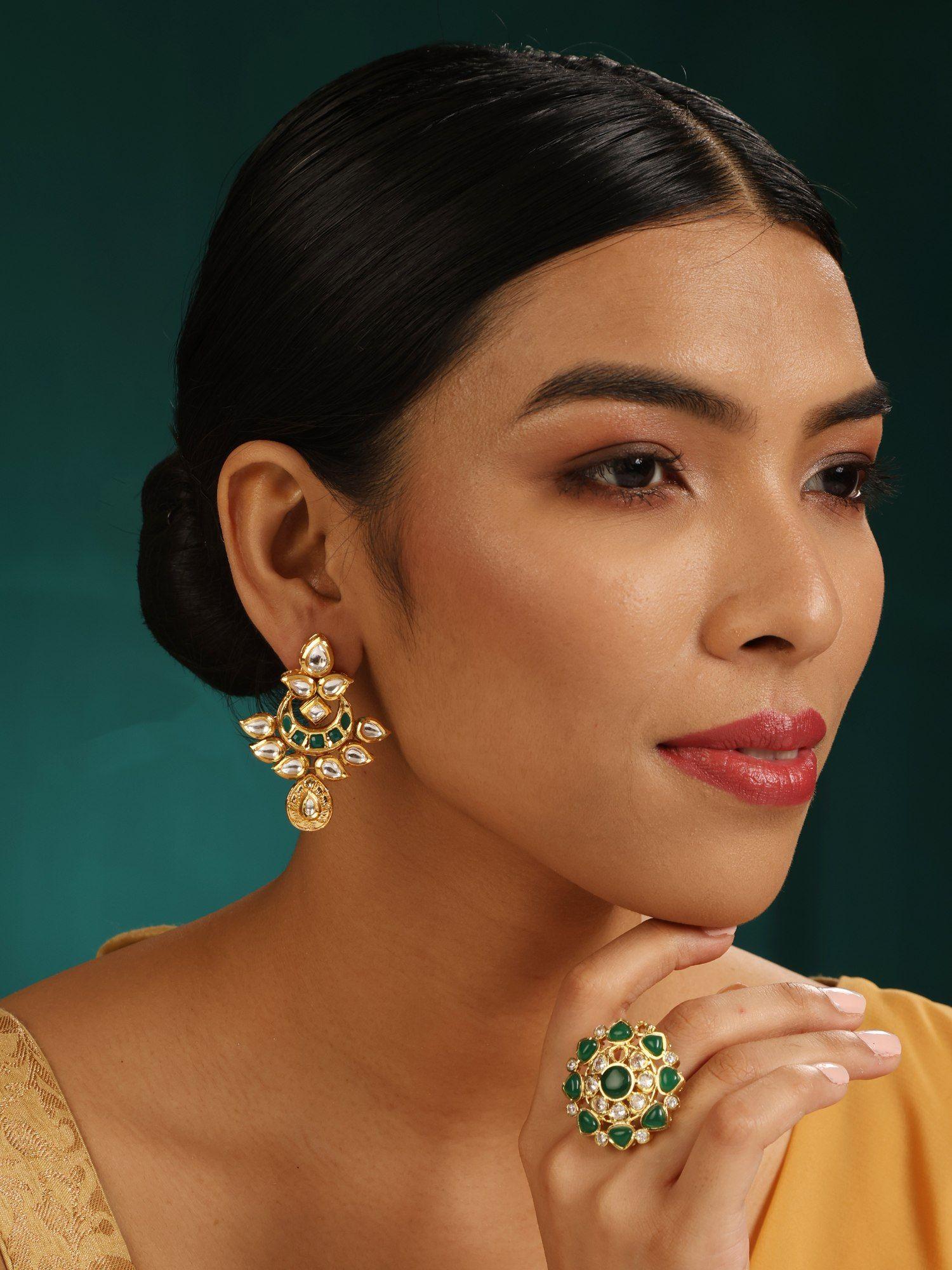 22k gold plated earrings in kundan-polki setting-green