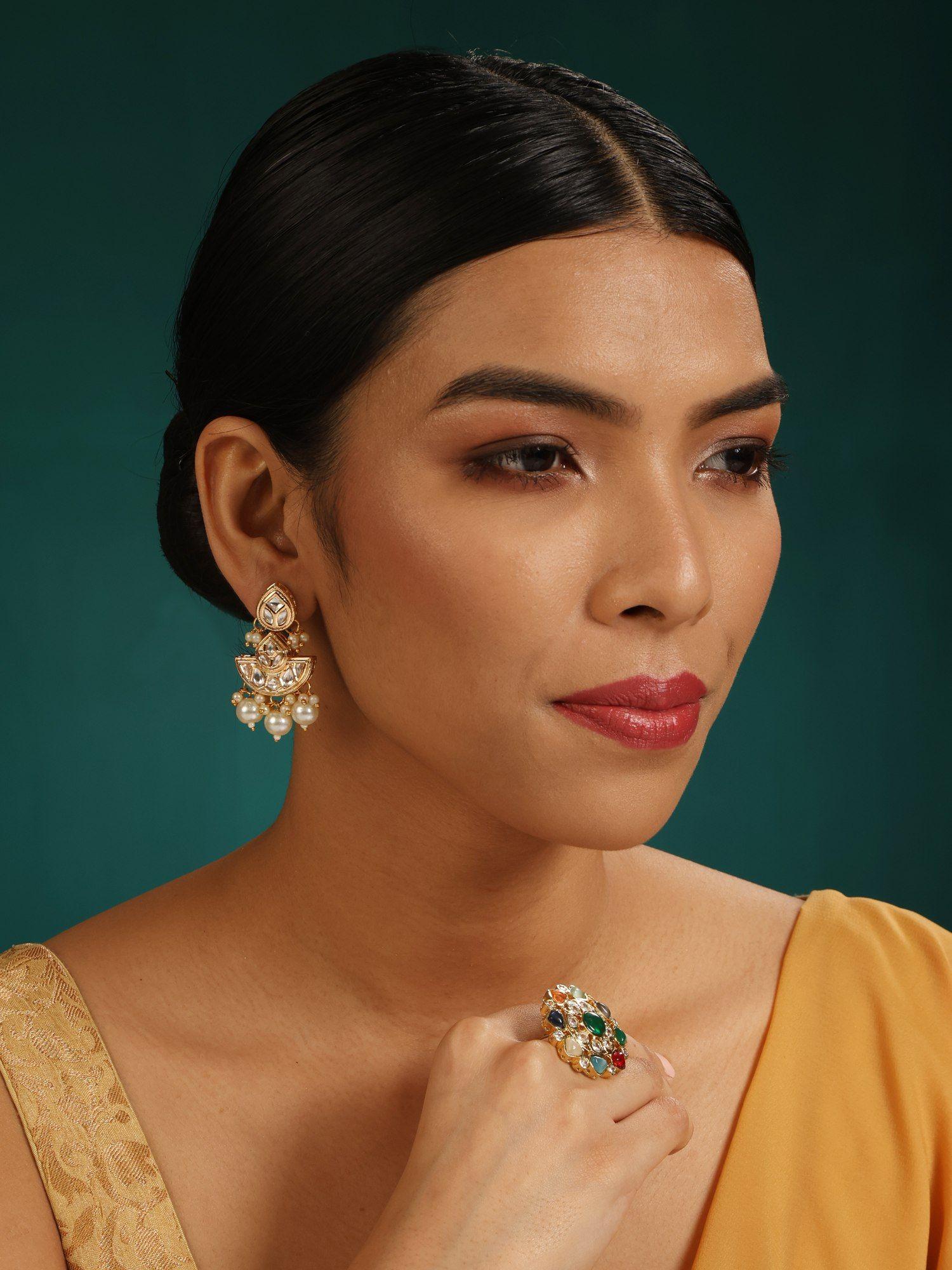 22k gold plated earrings in kundan-polki setting-white