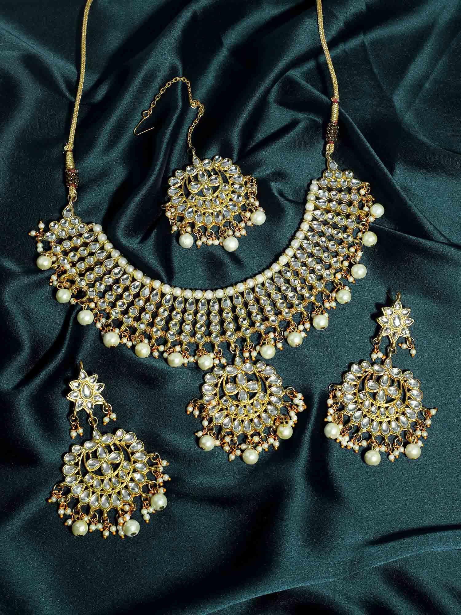 22k gold plated kundan pearl choker necklace with earring & maangtikka (set of 3)