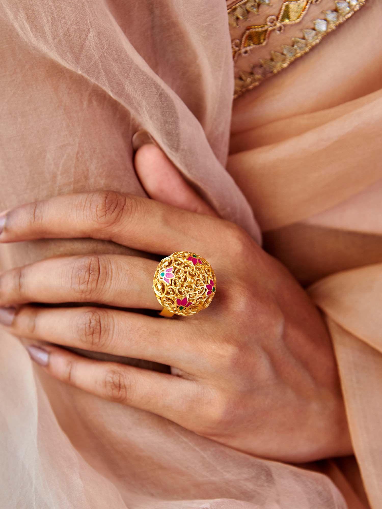 22kt gold dipped in pink enamel lotus globe statement ring