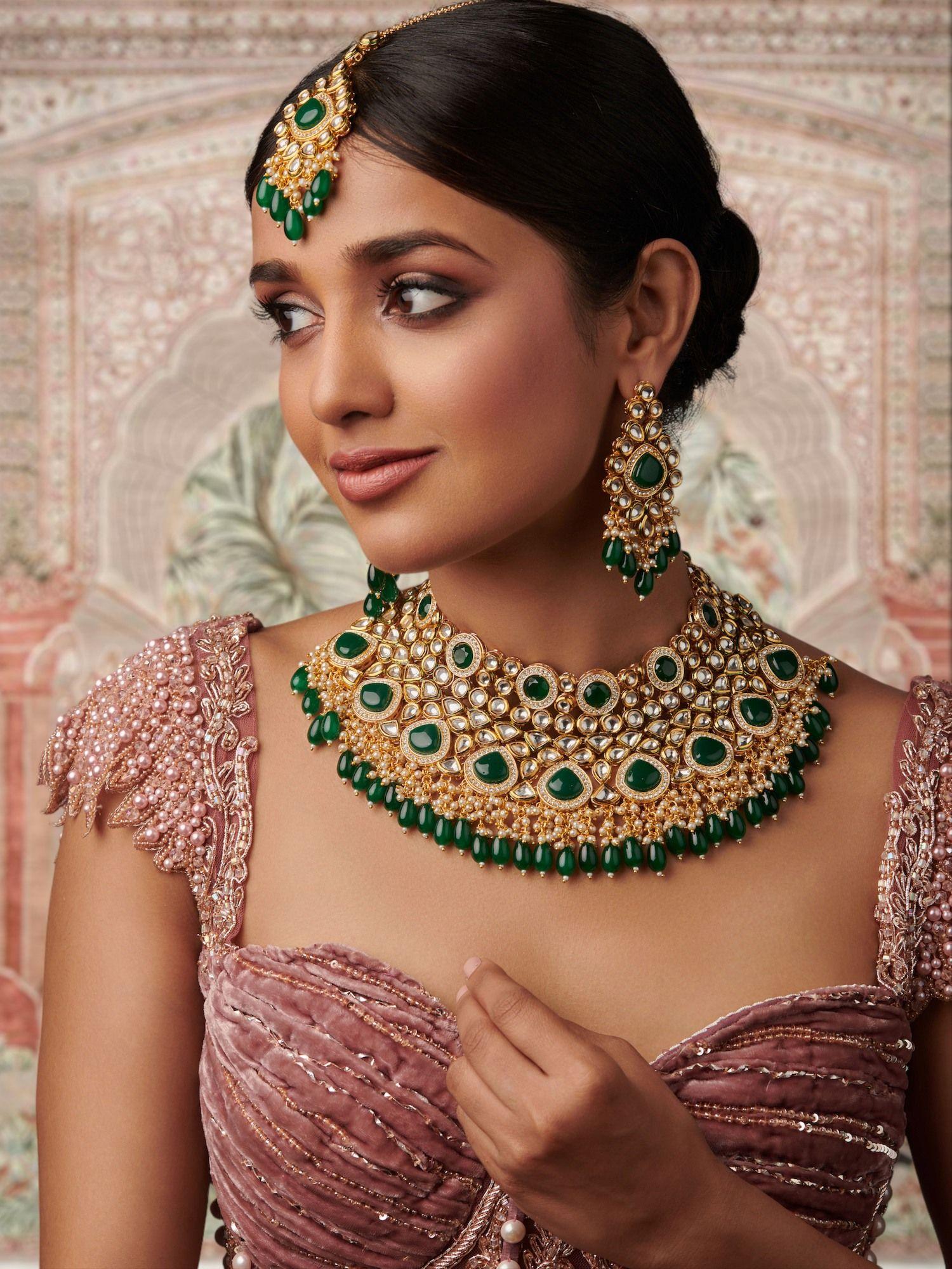 22kt gold plated cz studded emerald green kundan polki bridal choker set