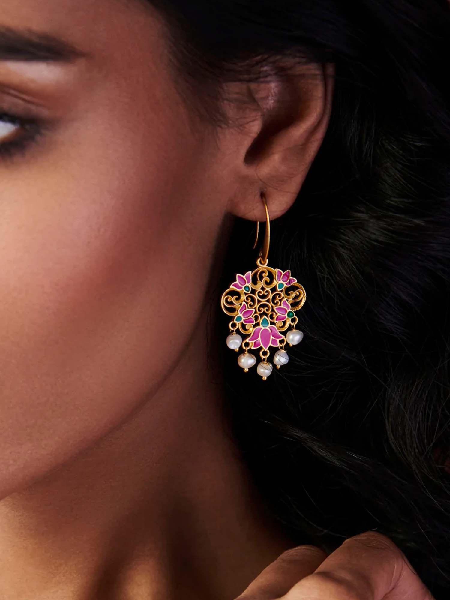 22kt gold plated in pink enamel dream lotus drop earrings
