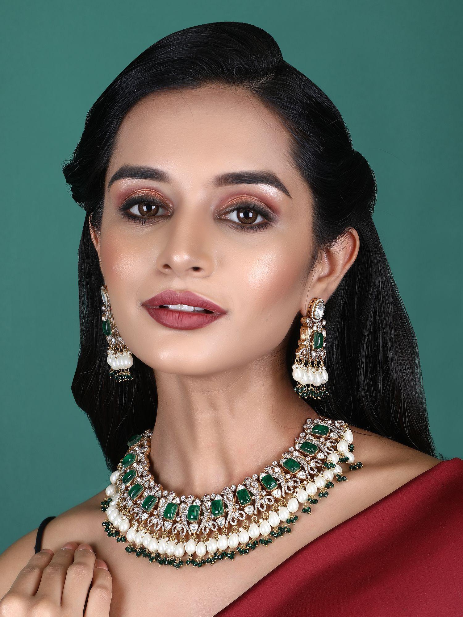 22kt gold plated kundan classic green necklace set for women & girls