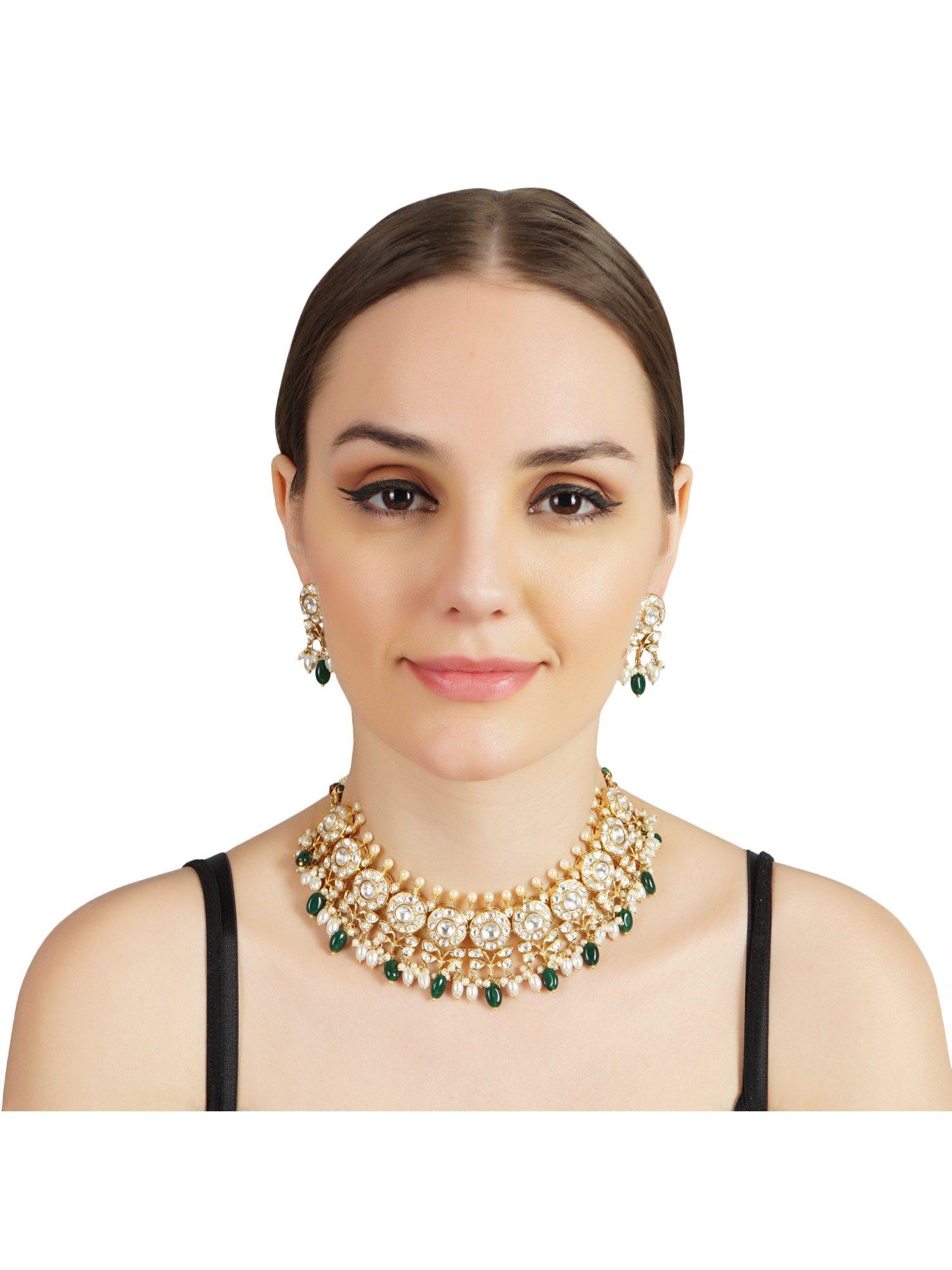 22kt gold plated kundan classic green necklace set