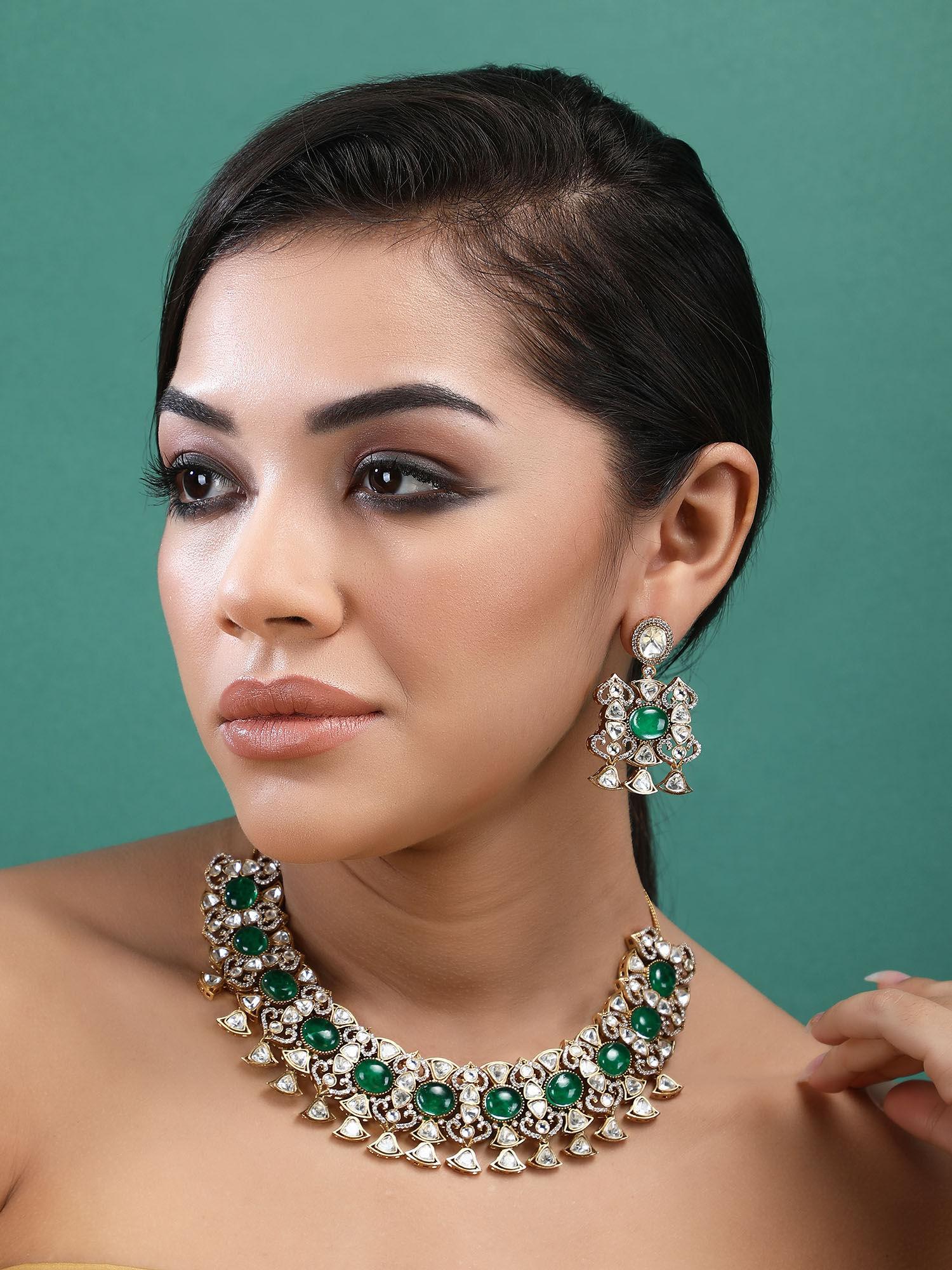 22kt gold plated kundan classic green necklace set