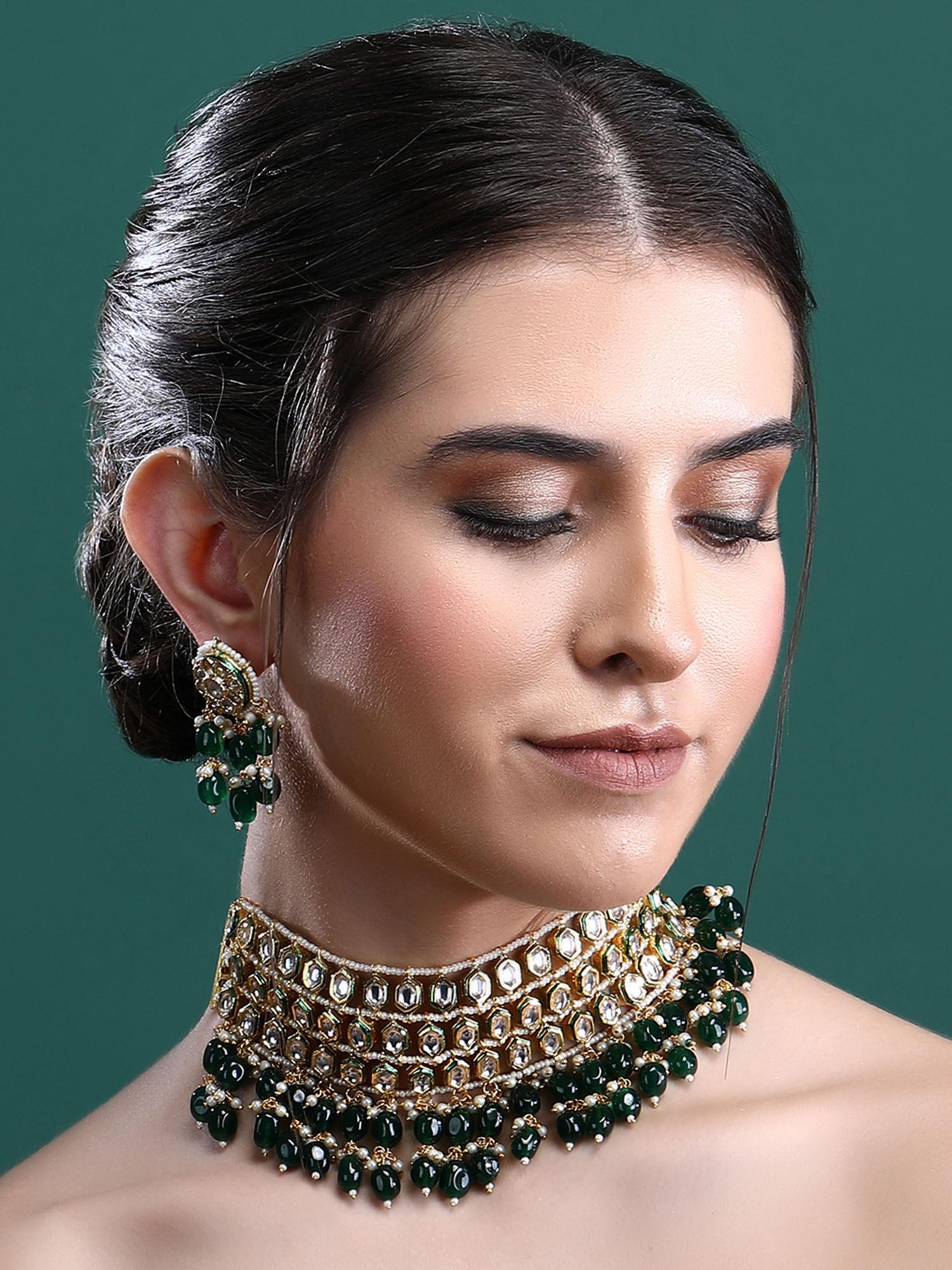 22kt gold plated kundan elegant green necklace set for women