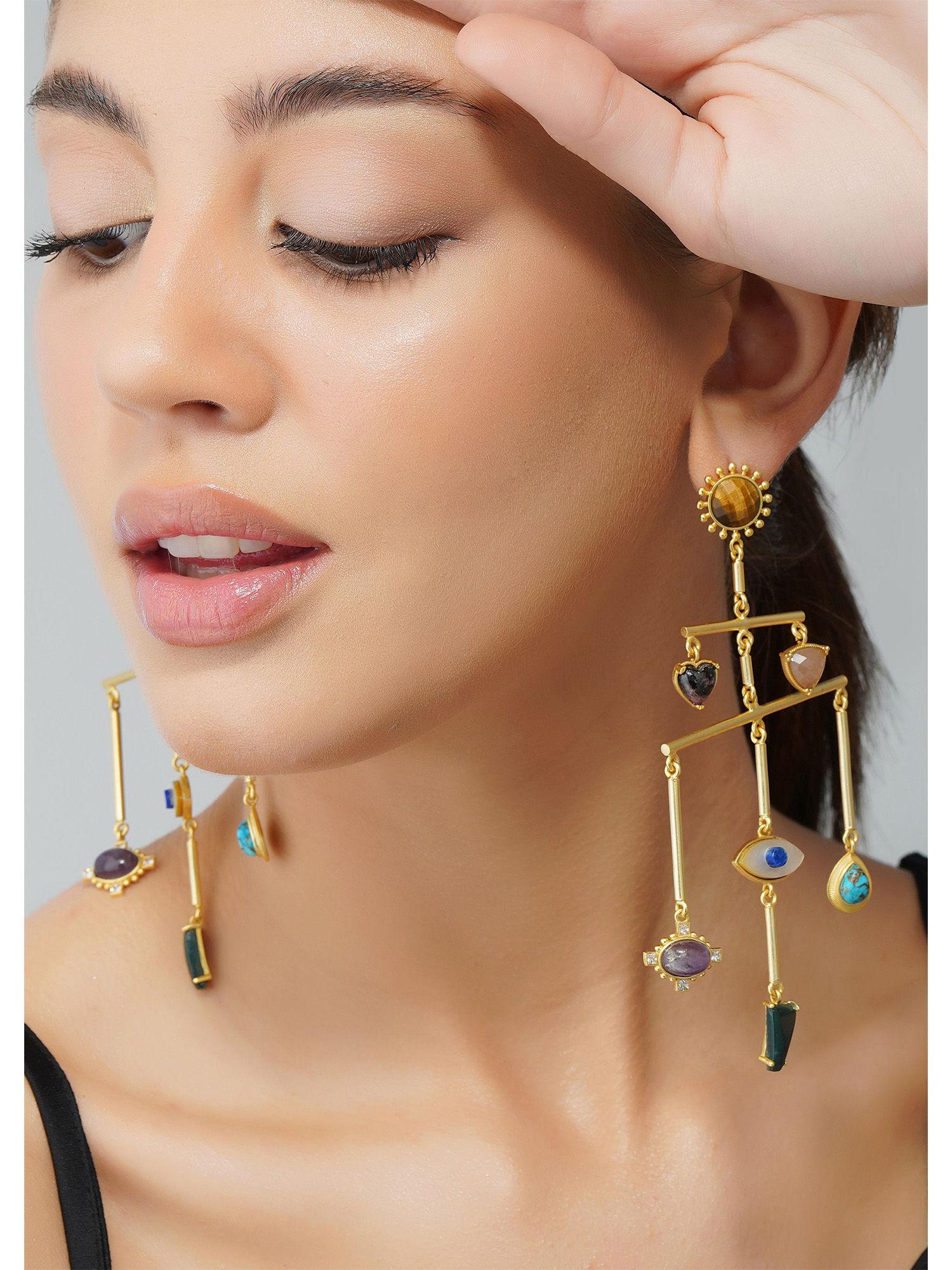 22kt gold plated multi stone healing drop and dangler earrings