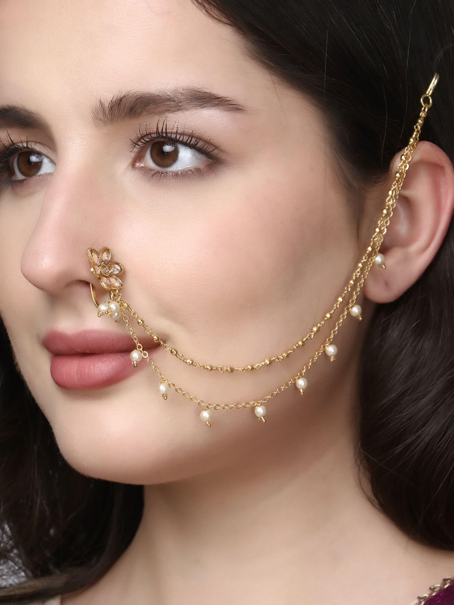 24 ct gold plated flower with white pearls chained nose ring