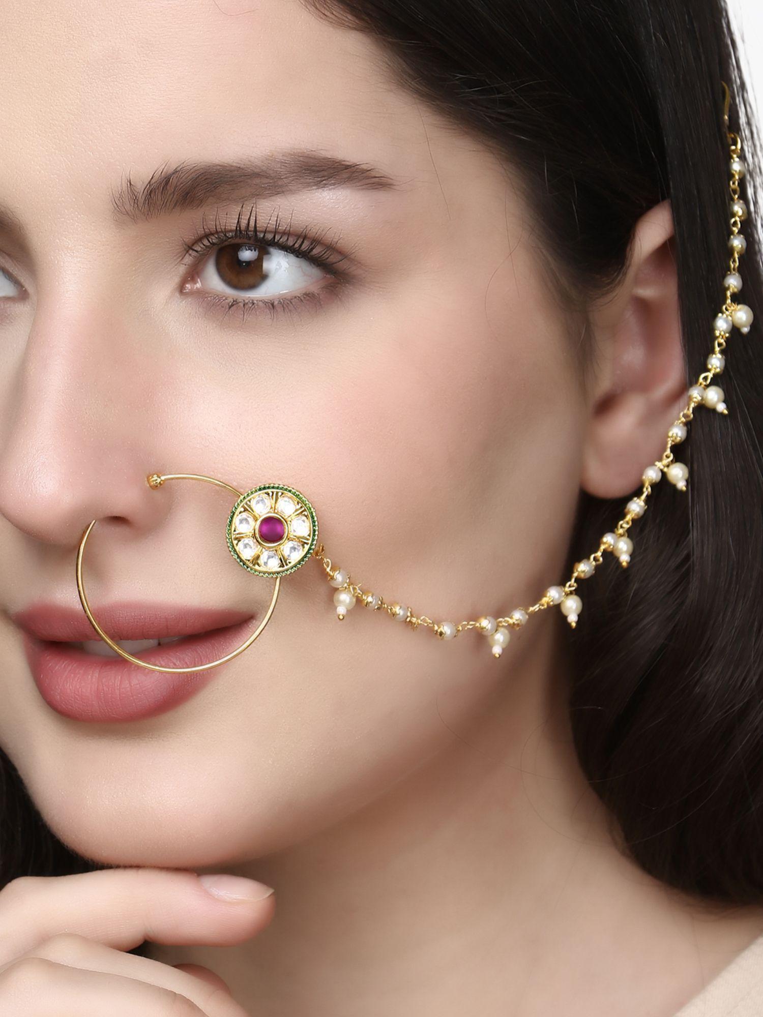 24 ct gold plated red kundan with white pearls chained nose ring