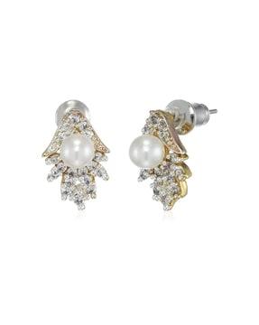 24 kt gold & silver-plated american diamond pearl comet studs