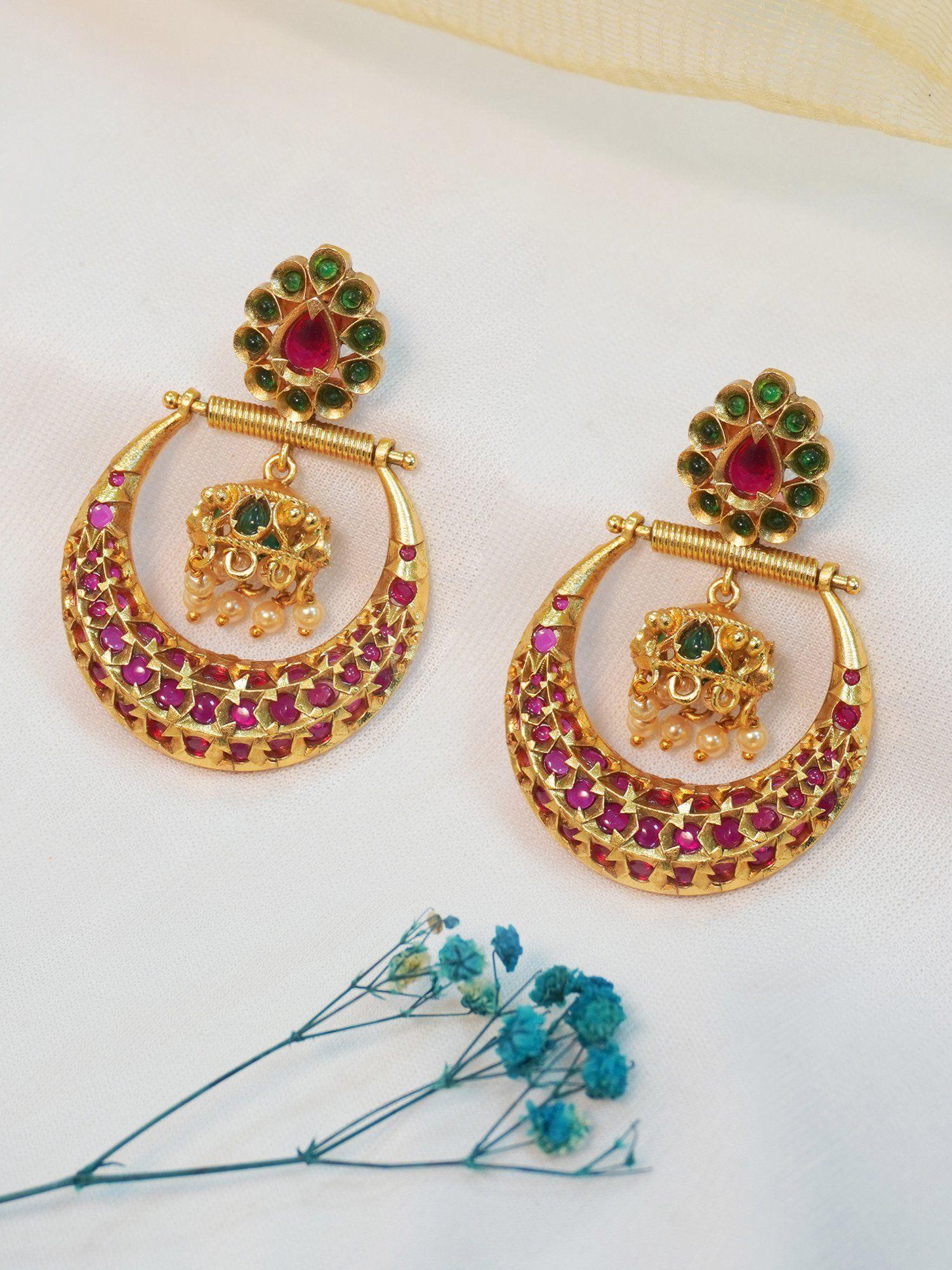 24k gold plated green and pink stone drop earring