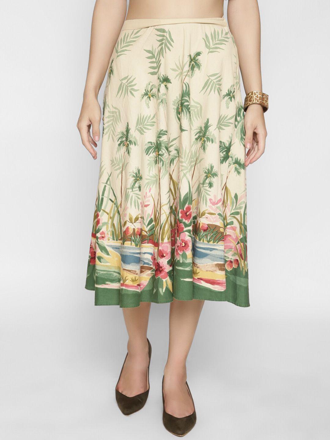 250 designs women beige & green tropical print a-line floral midi skirt