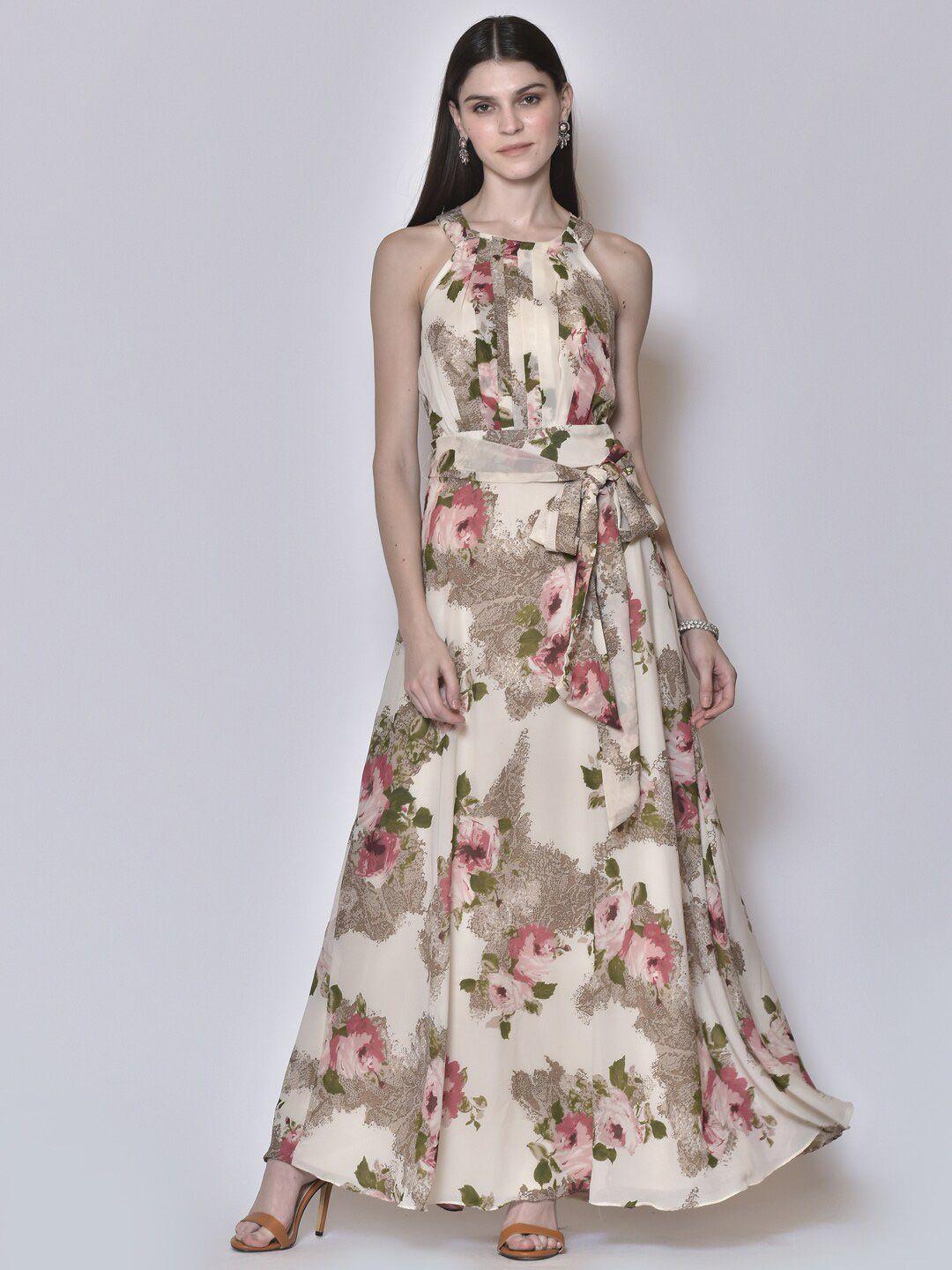 250 designs women beige floral halter neck georgette maxi dress