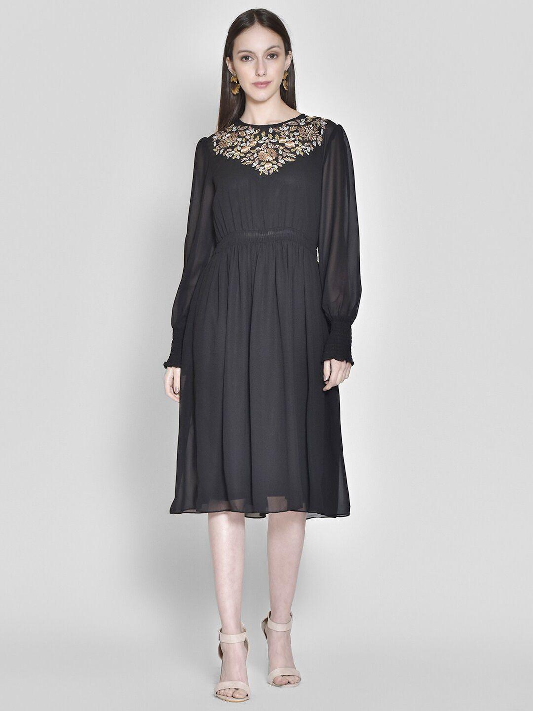 250 designs women black floral embroidered georgette dress