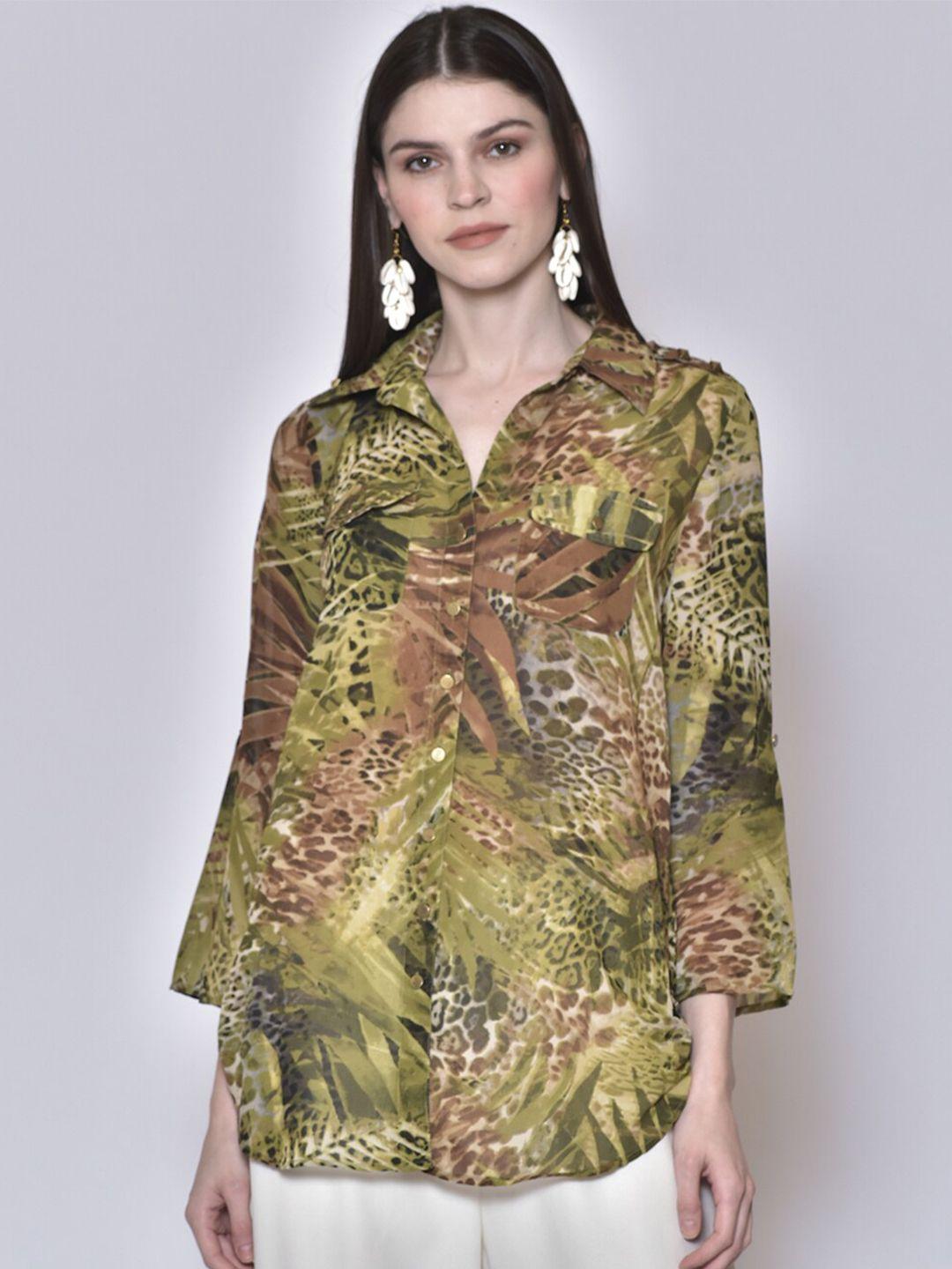 250 designs women olive green animal printed casual shirt