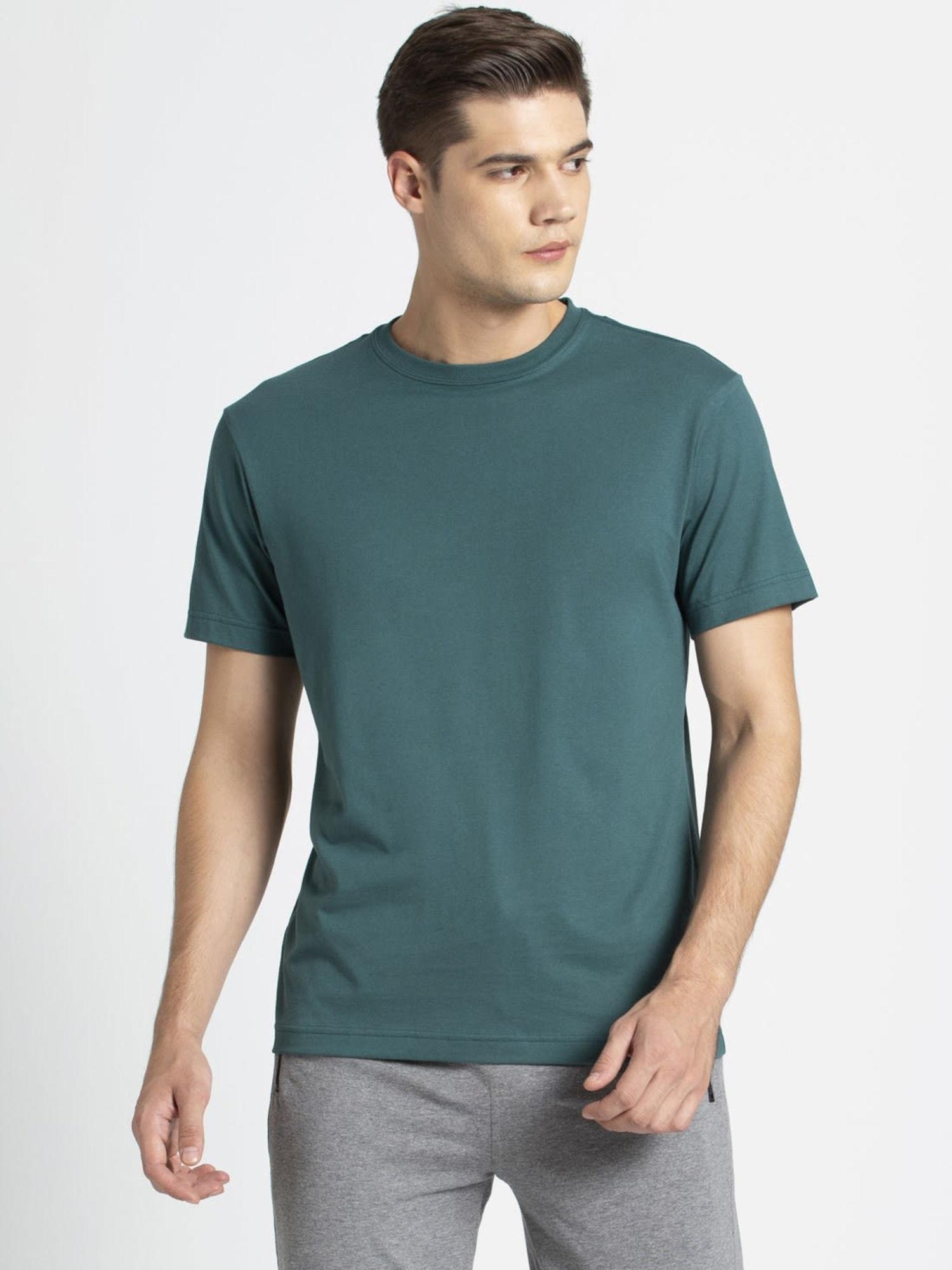 2714 men's super combed cotton rich solid round neck half sleeve t-shirt - pacific green