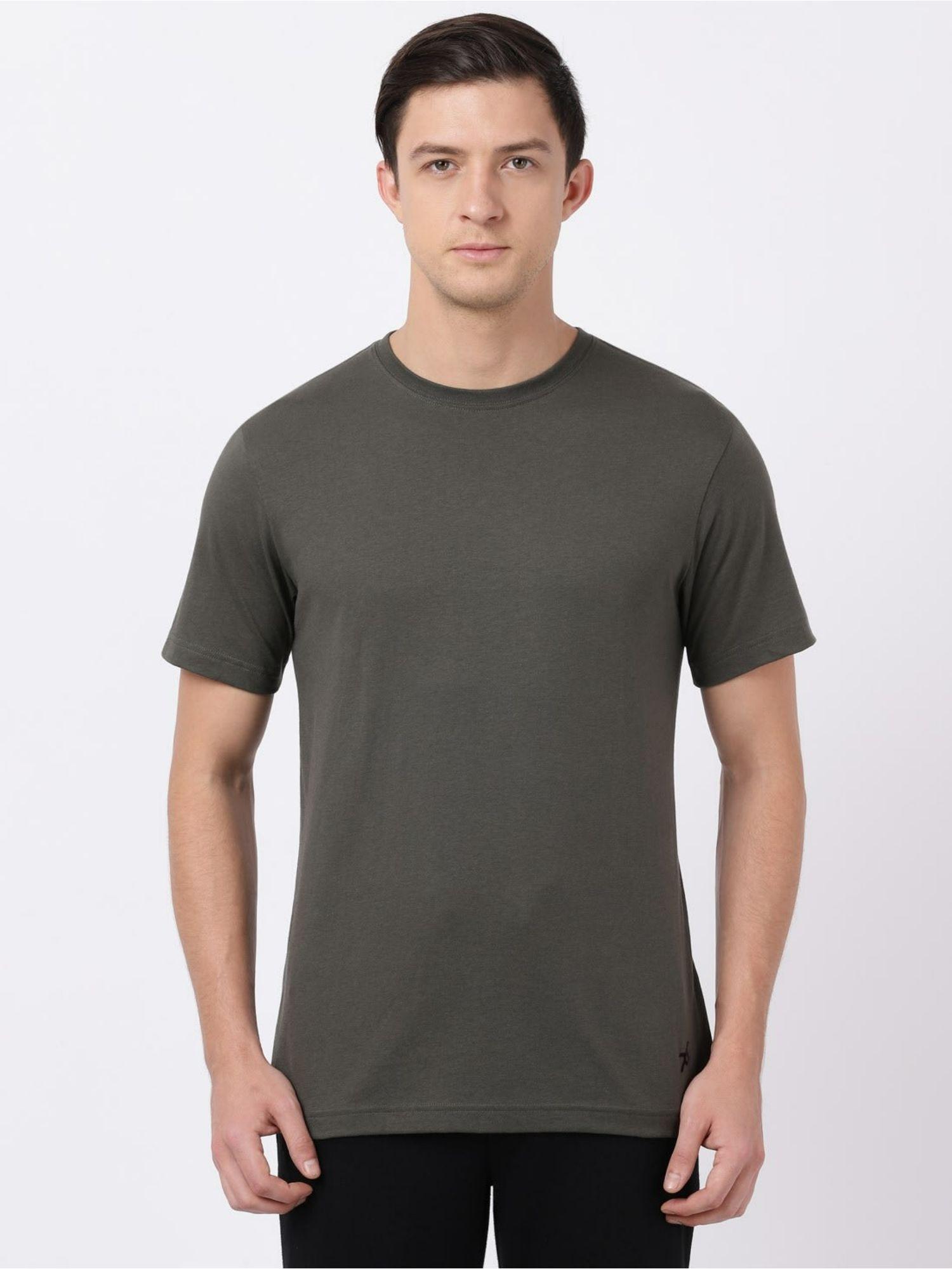 2714 men's super combed cotton rich solid round neck half sleeve t-shirt - deep olive